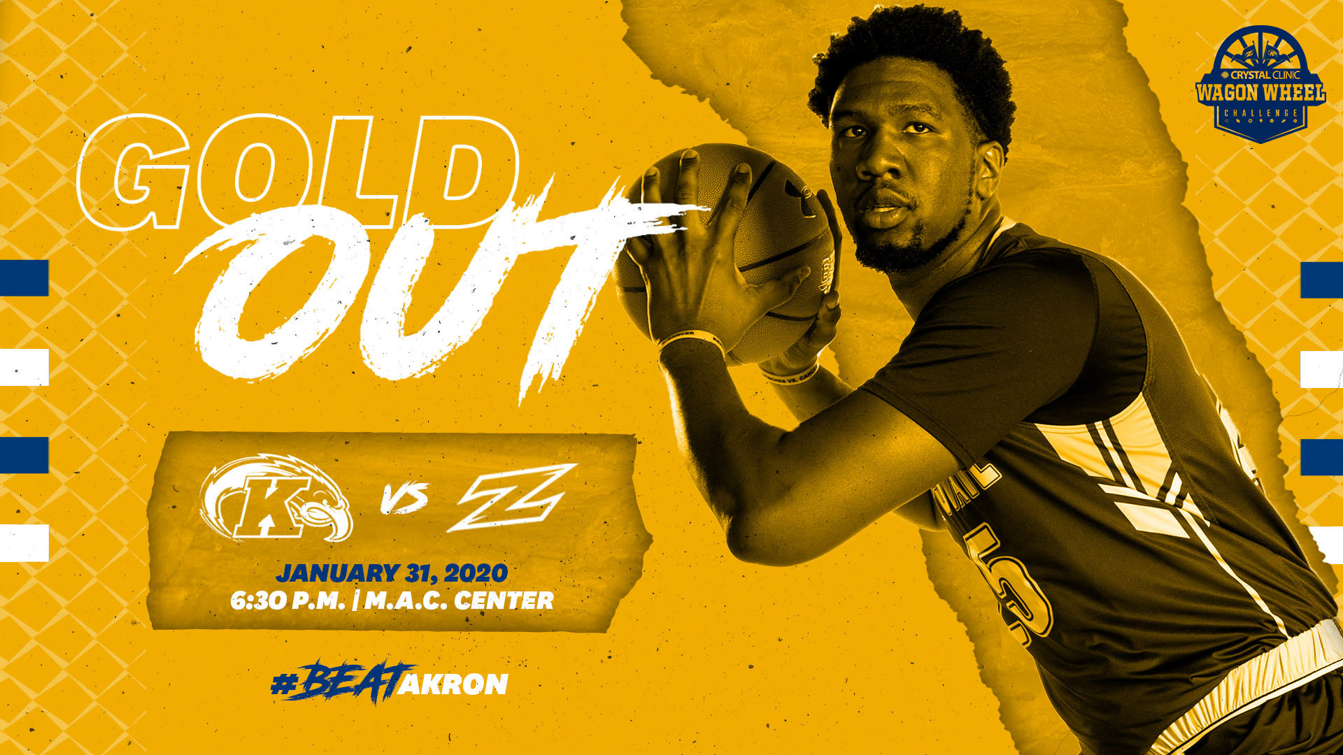 An example of a Social Media graphic used during the week leading up to the 2020 "Gold Out" Game. Different players were featured daily on Kent St. Athletics & Kent State Men's Basketball Social Media accounts.