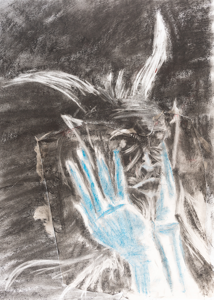 Blue Devil, Mixed media, collage, charcoal, 18" x 24", 2021