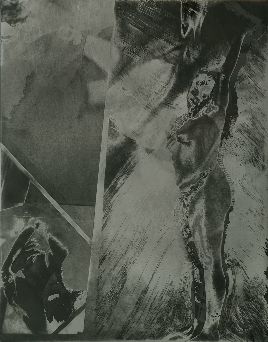 Initiate Katharsis #1, Silver gelatin print, cliche verre, collage, 11" X 14", 2026