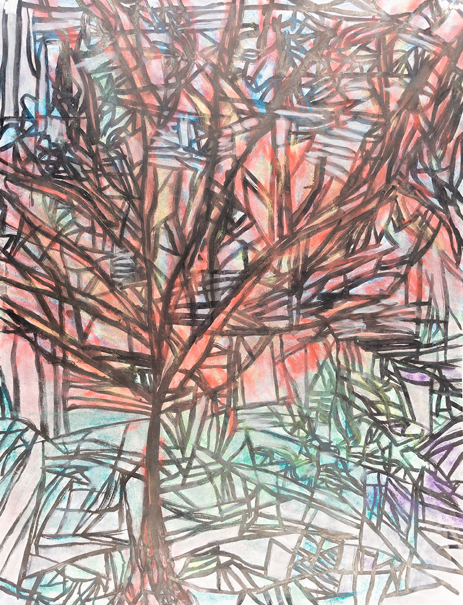 Brutalist Tree, Mixed media, charcoal, ink, pastel, 18" X 24", 2021