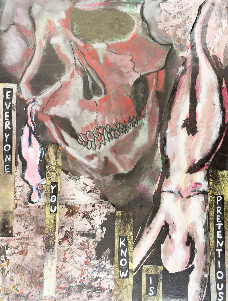 Everyone You Know Is Pretentious, Mixed media, collage, charcoal, pastel, ink, acrylic paint, 16" X 20", 2022