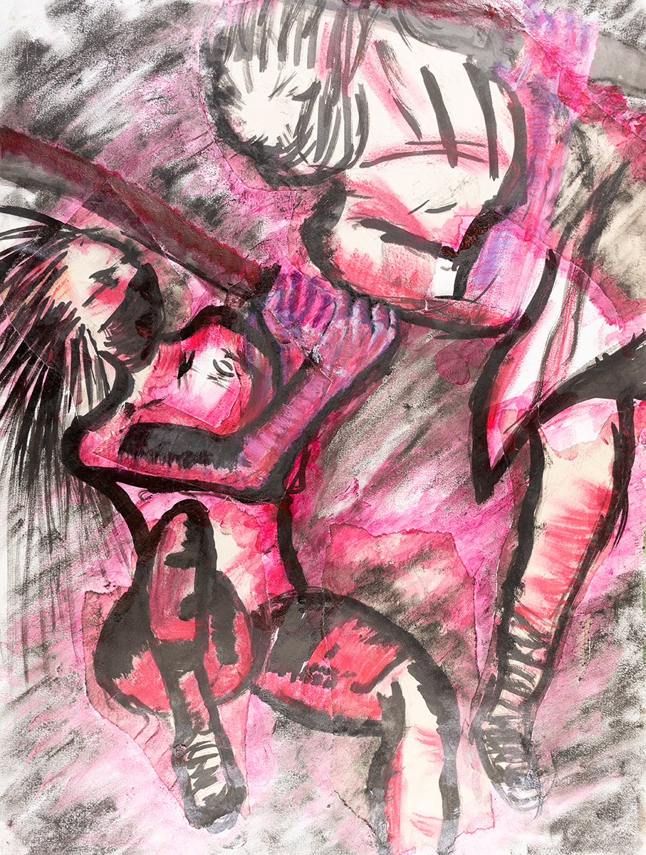 Swinging swords, Mixed media, collage, ink, charcoal, pastel, 18" X 24", 2021