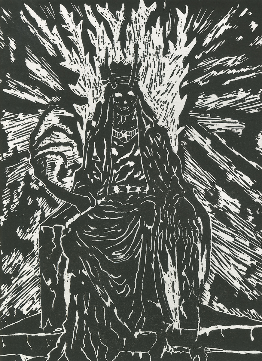 Nefarious King, Lino-cut print, 8" X 10", 2025