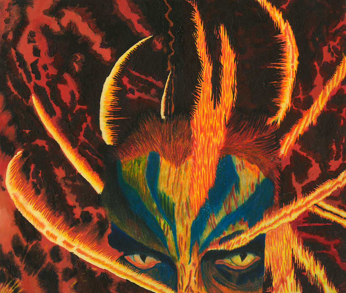 Fire Demon, Mixed media, acrylic paint, colored pencil, 20" X 16", 2020