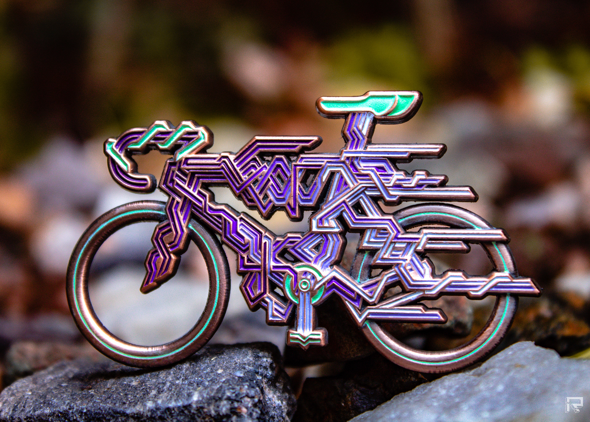 Enamel pin of a racing bicycle with abstract geometry details