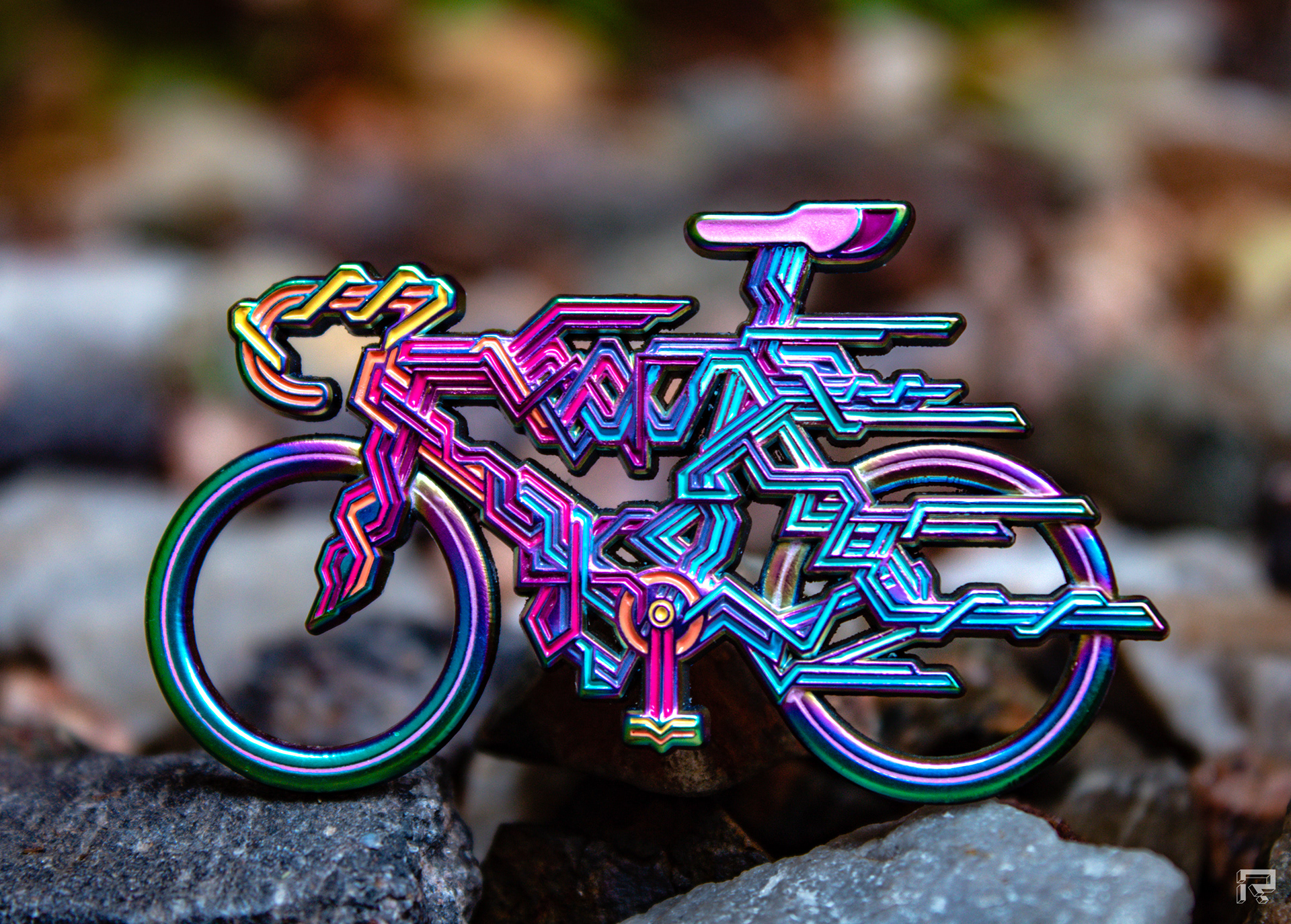 Enamel pin of a racing bicycle with abstract geometry details