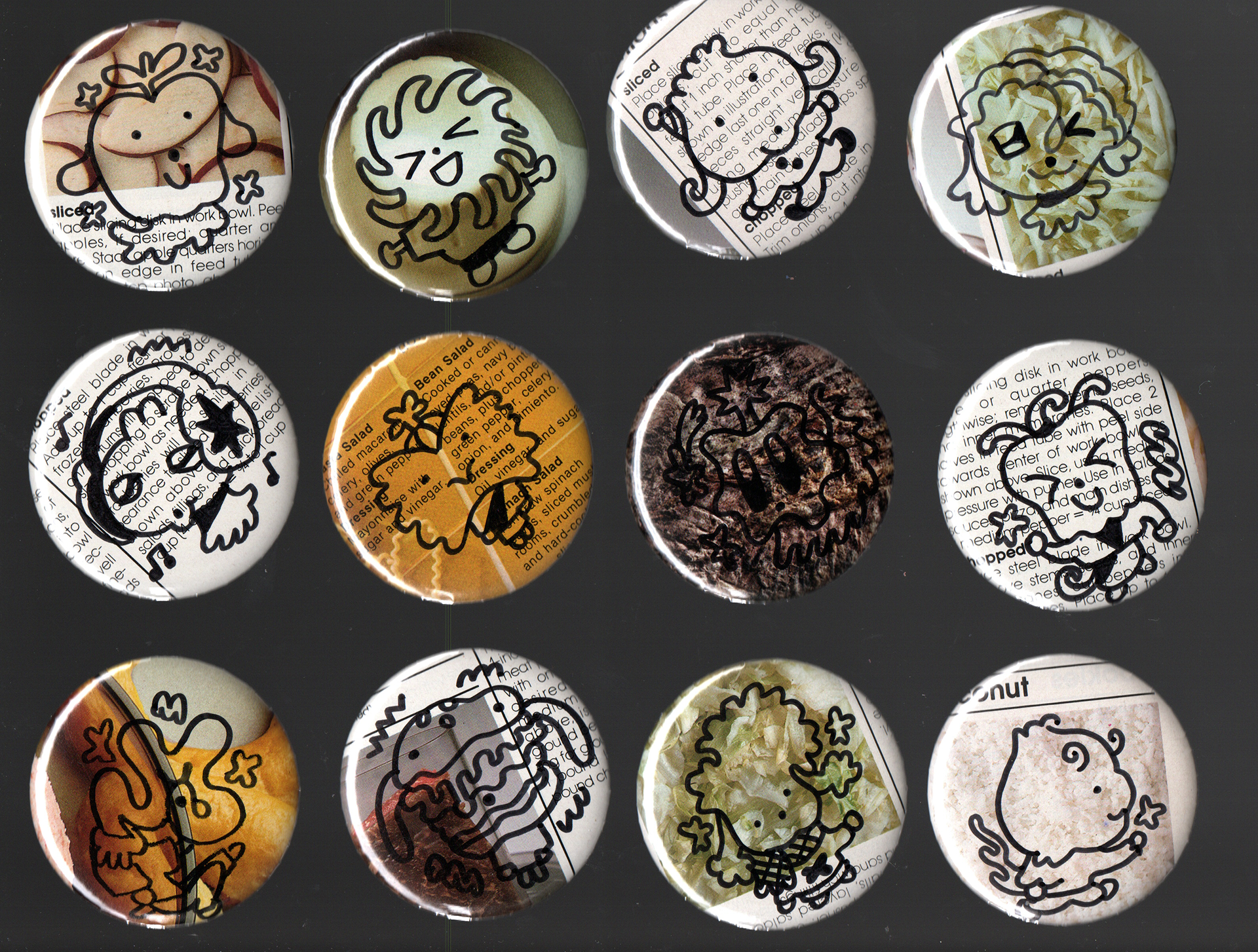 "Buttons: Pantry Edition 3". 2025. 1 of 1 drawn and collaged buttons.