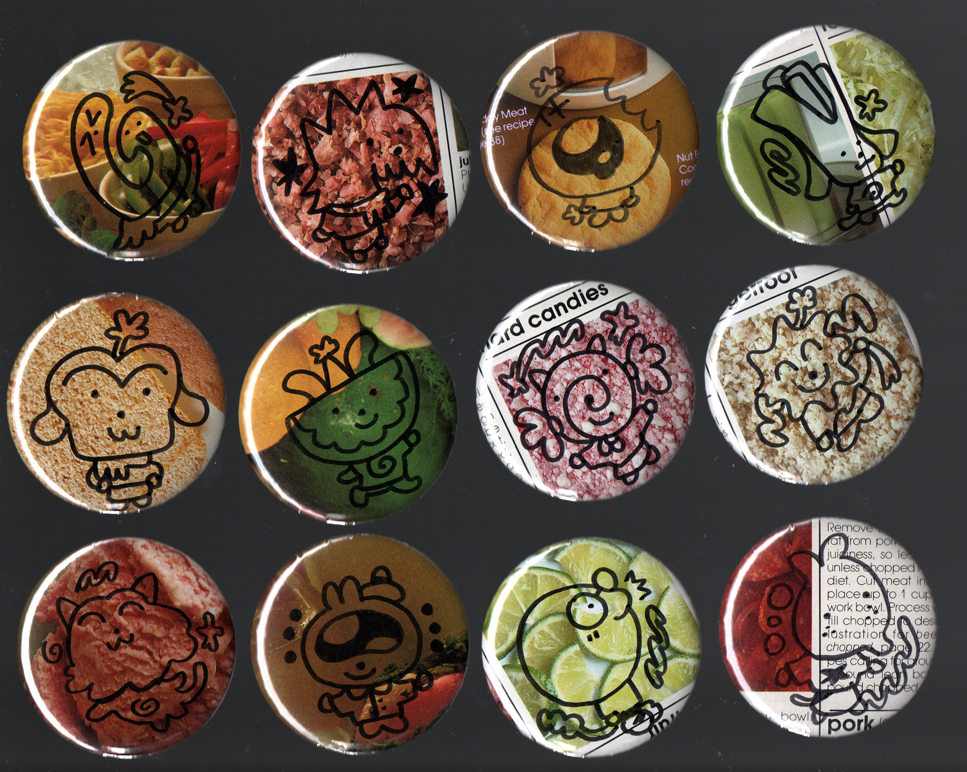 "Buttons: Pantry Edition 1". 2025. 1 of 1 drawn and collaged buttons.