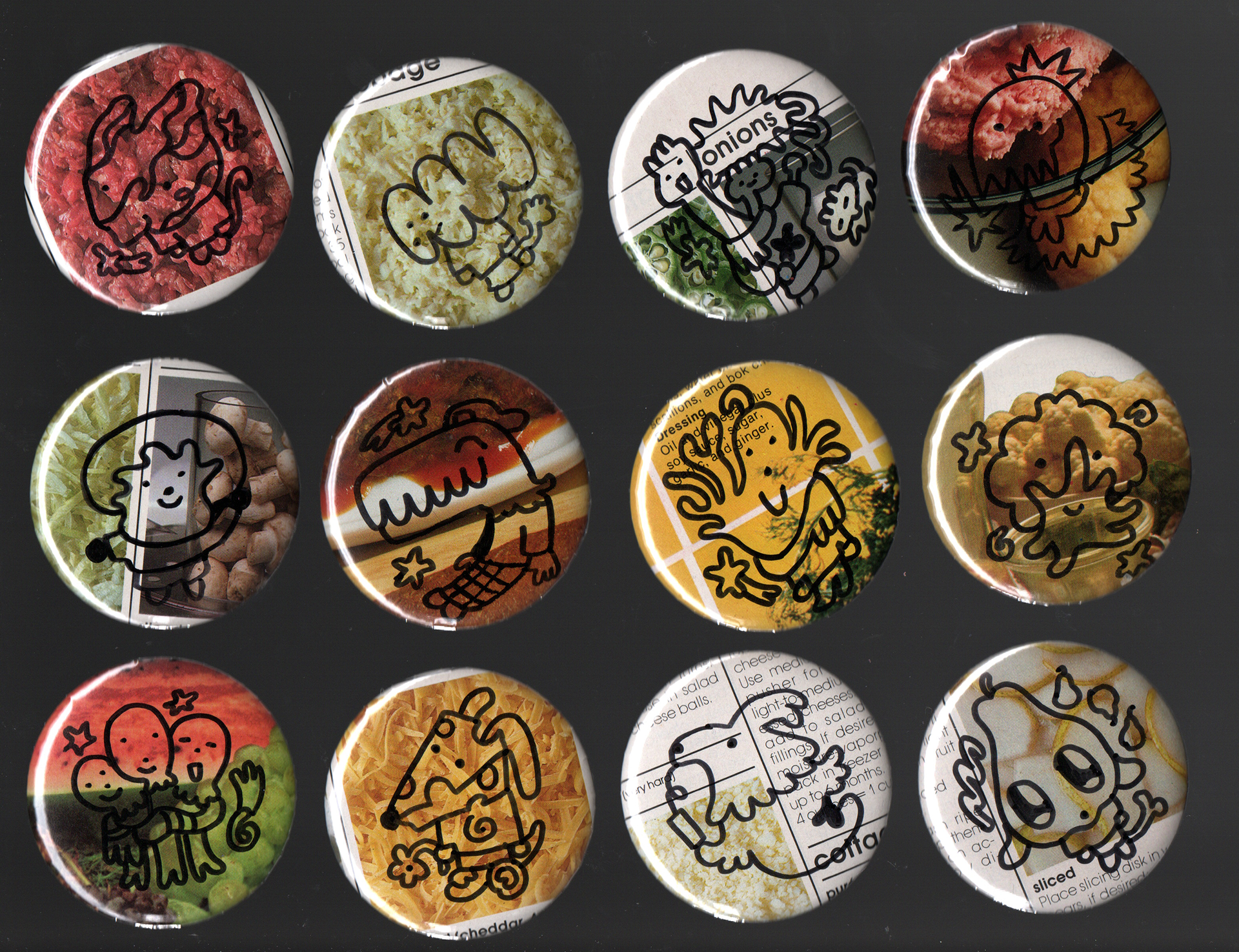"Buttons: Pantry Edition 2". 2025. 1 of 1 drawn and collaged buttons.