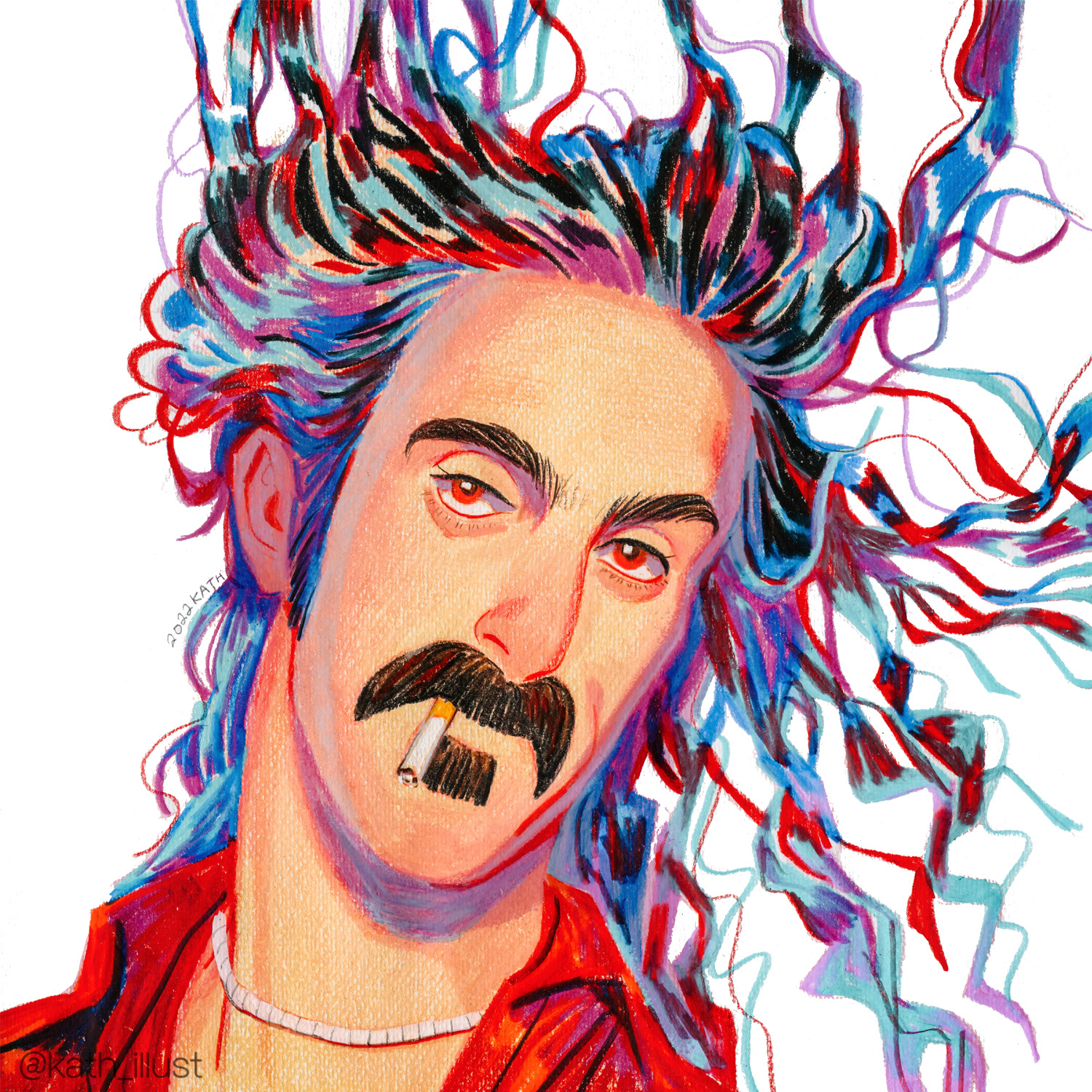 프랭크 자파 (Frank Zappa) 전위적인 록 음악가 프랭크 자파. 록과 팝, 사이키델릭, 퓨전 재즈 등 아방가르드적 사고로 모든 경계를 자유롭게 넘나들며 새로운 시도를 멈추지 않고 음악가들에 지대한 영향을 끼쳤다. 그는 당대 최고의 다작 아티스트였으며 모든 음악적 요소들을 결합하고 해체하는데 능했던 ‘록 음악계의 과학자’였다. 천재들이 인정하는 천재 뮤지션 프랑크 자파는 1993년 가족들의 곁에서 사망하였다. 300*300 / colored pencil on paper