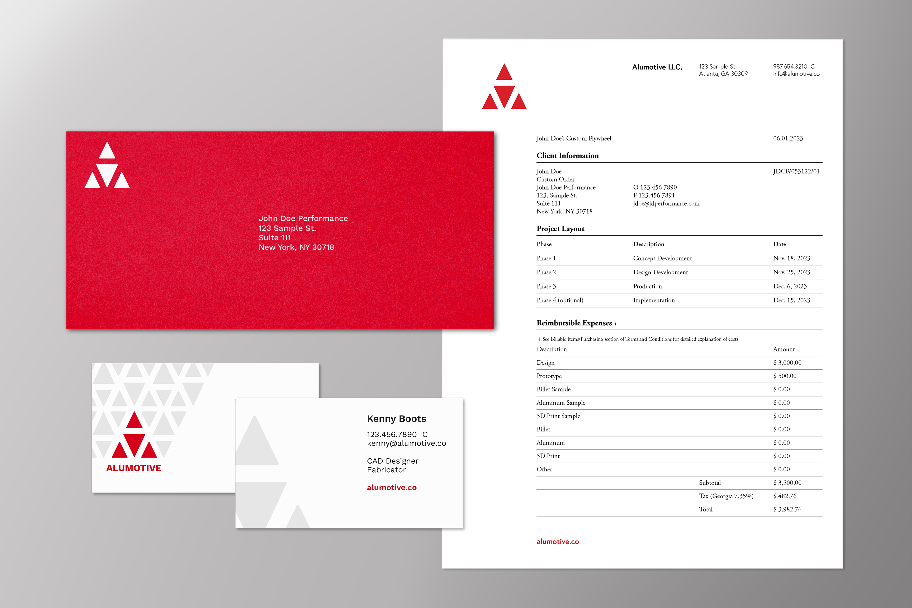 Alumotive billing, envelope, and business card
