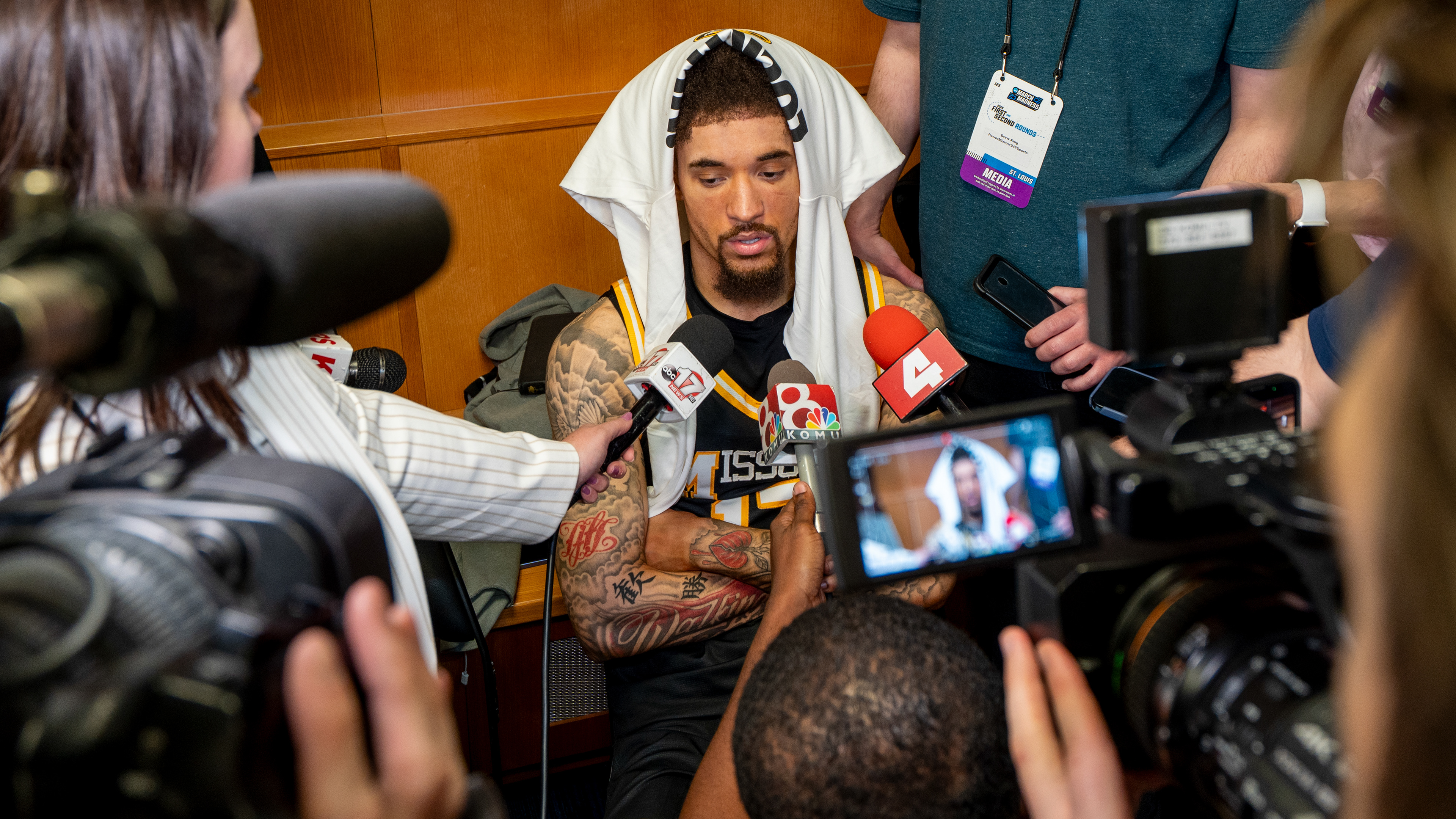 Missouri's Jayden Stone answers questions in the locker room following a 80-66 loss to Miami (Fla.). in the first round of the NCAA Tournament on March 21, 2026 at the Enterprise Center in St. Louis, Mo. Stone, a transfer from West Virginia, averaged 13.5 points and 5.1 rebounds in his final year of collegiate eligibility.