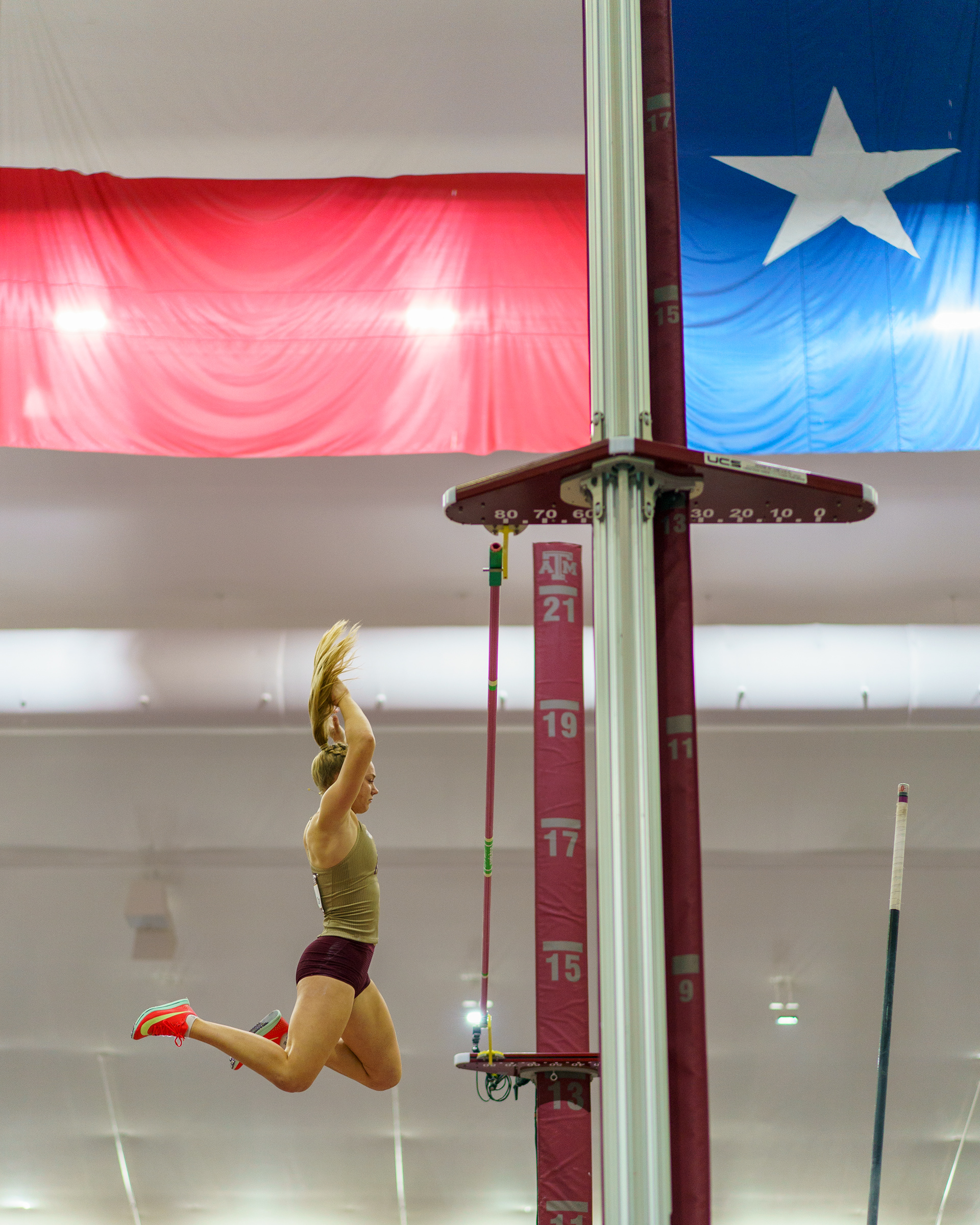 Texas A&M pole vaulter Lily Carlson clears the bar at four meters during the 2026 SEC Indoor Track & Field Championships on Thursday, Feb. 26 at the R.A. "Murray" Fasken Indoor Track & Field Facility in College Station, Texas.
