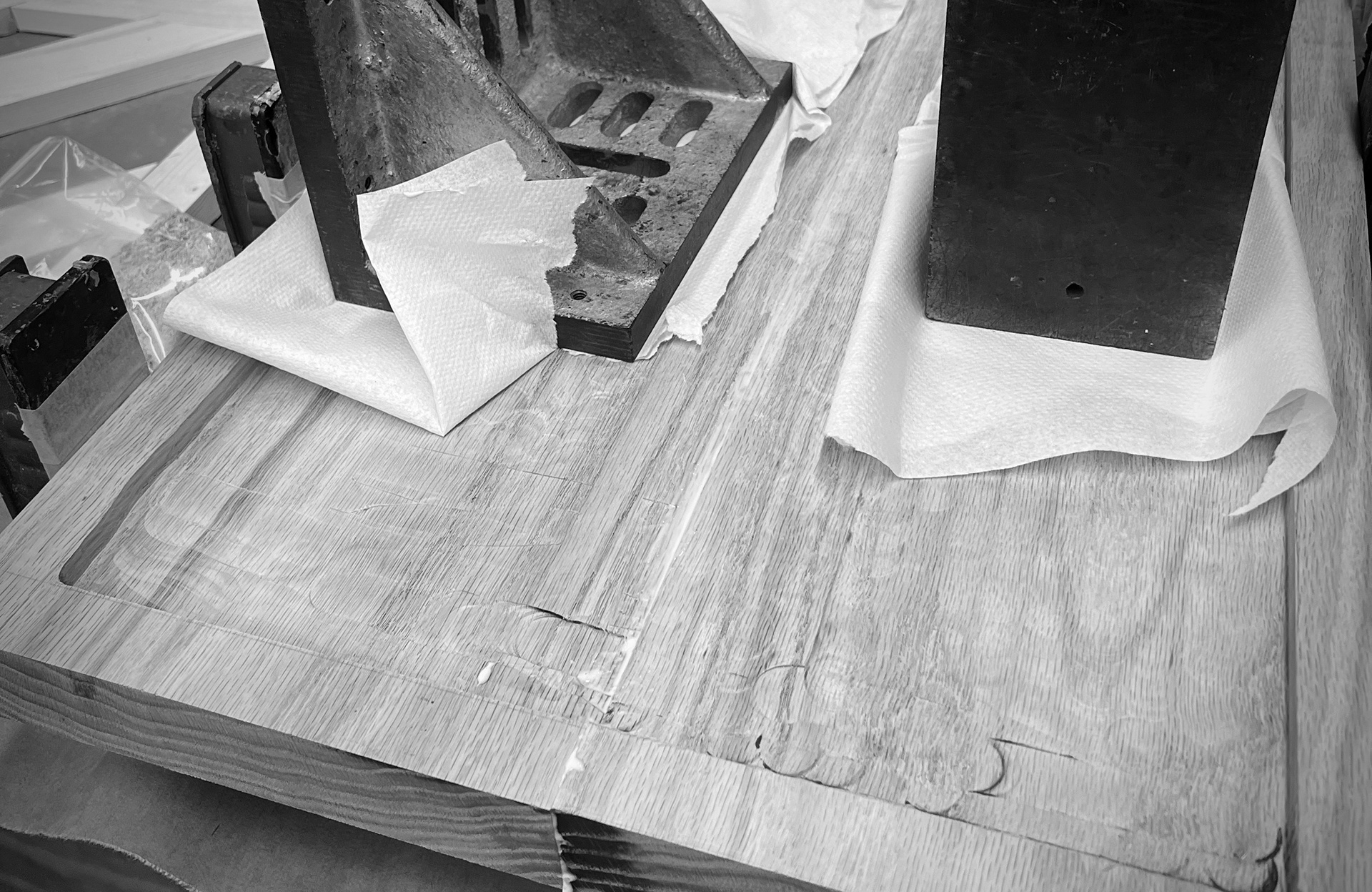 Here's the glue up with the filler in the center to make sure the gap gets filled.
