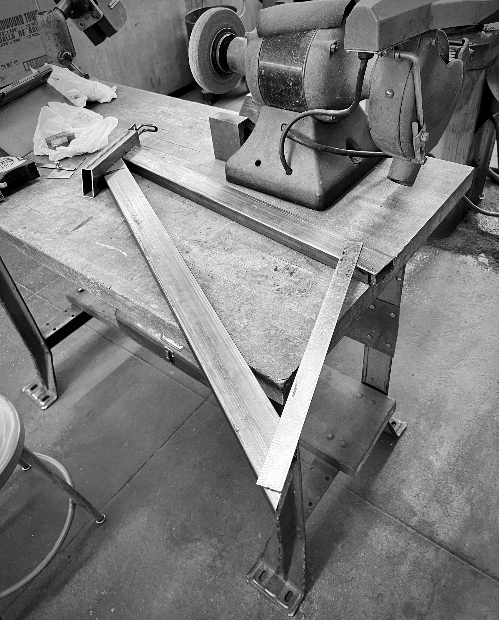 I first cut my steel rectangular tubing to the right dimensions and—importantly—angles. I took a bit of trig to get there, but I got it almost perfect.