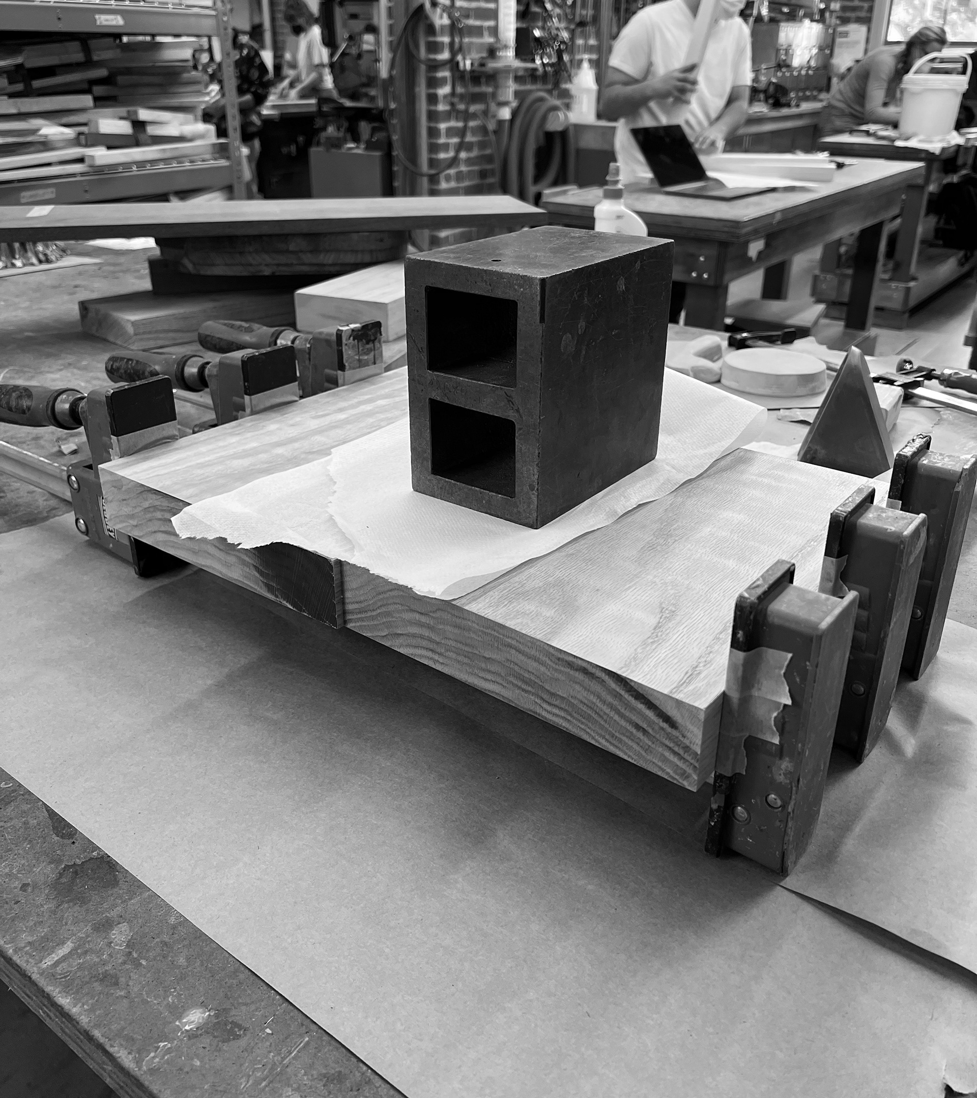 I started by glueing up the base of the table. The base was the simplest part of the design, not requiring any complex woodworking.