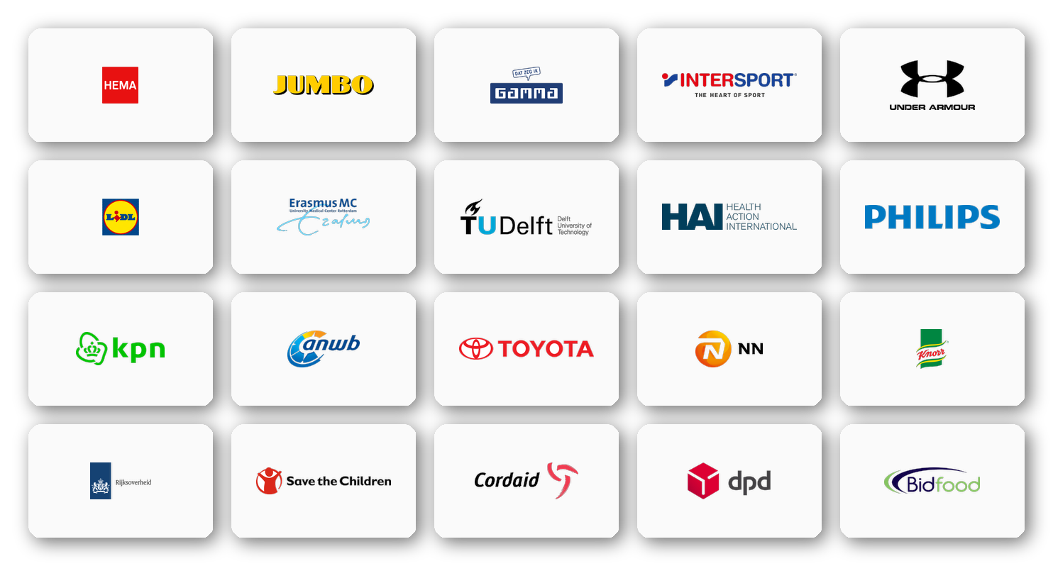 HEMA · Jumbo · Gamma · Intersport · Under Armour · Lidl · Erasmus MC · TU Delft · HAI · Philips · KPN · ANWB · Toyota · NN · Knorr · Rijksoverheid · Save the Children · Cordaid · DPD · Bidfood