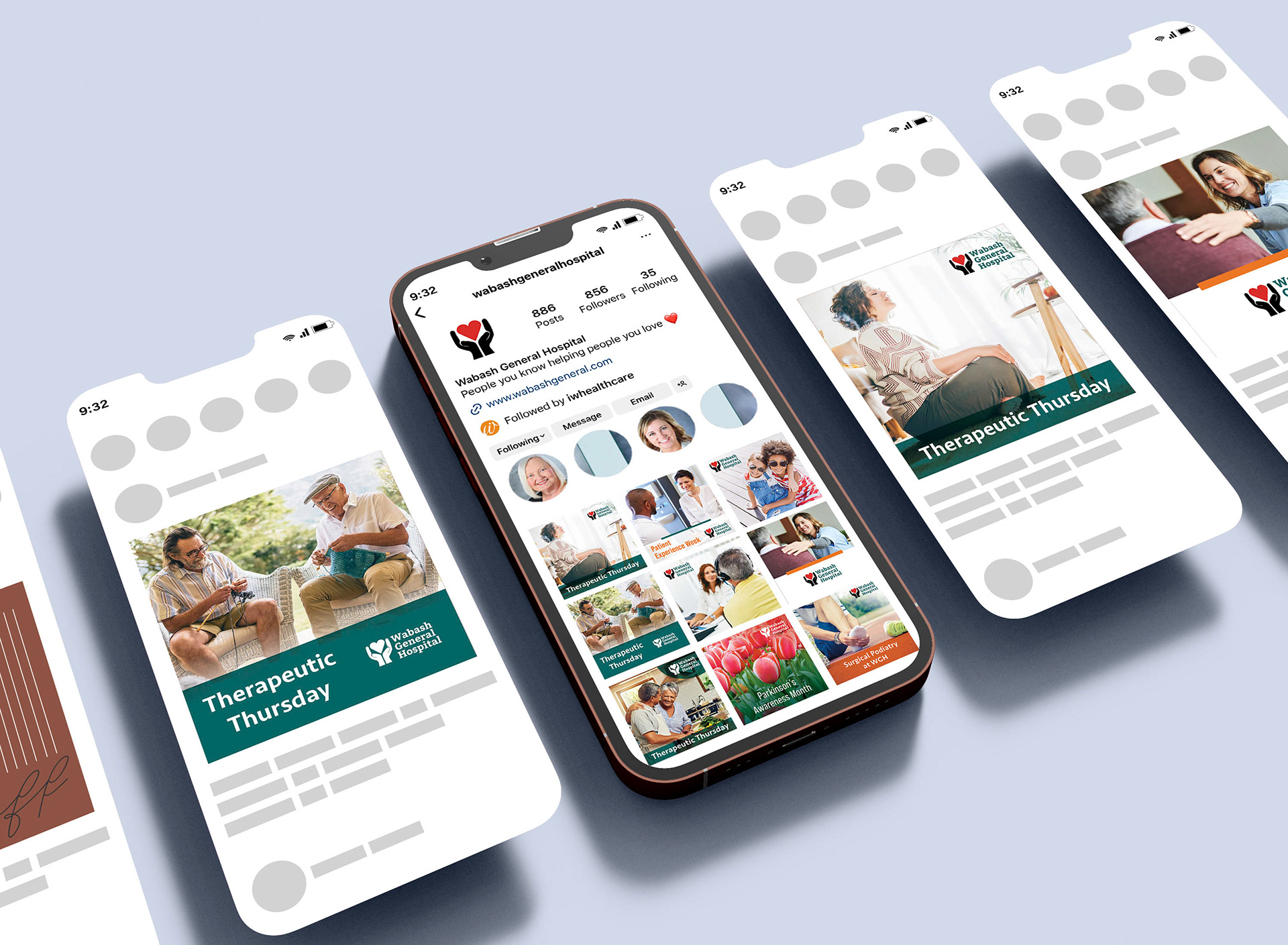 several mockups of a social media profile showing posts designed for Wabash General Hospital