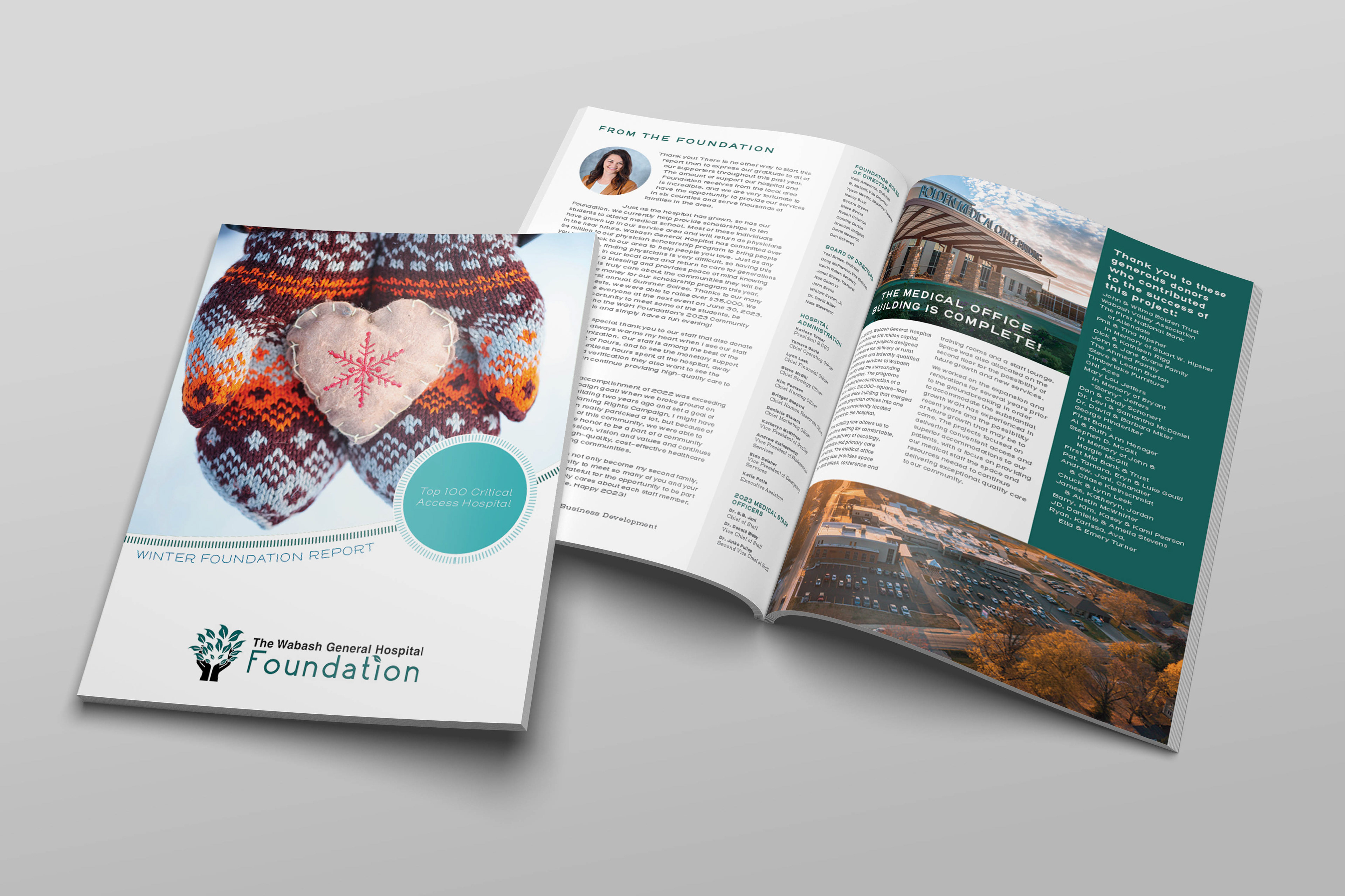 Annual Report cover and spread for Wabash General Hospital Foundation