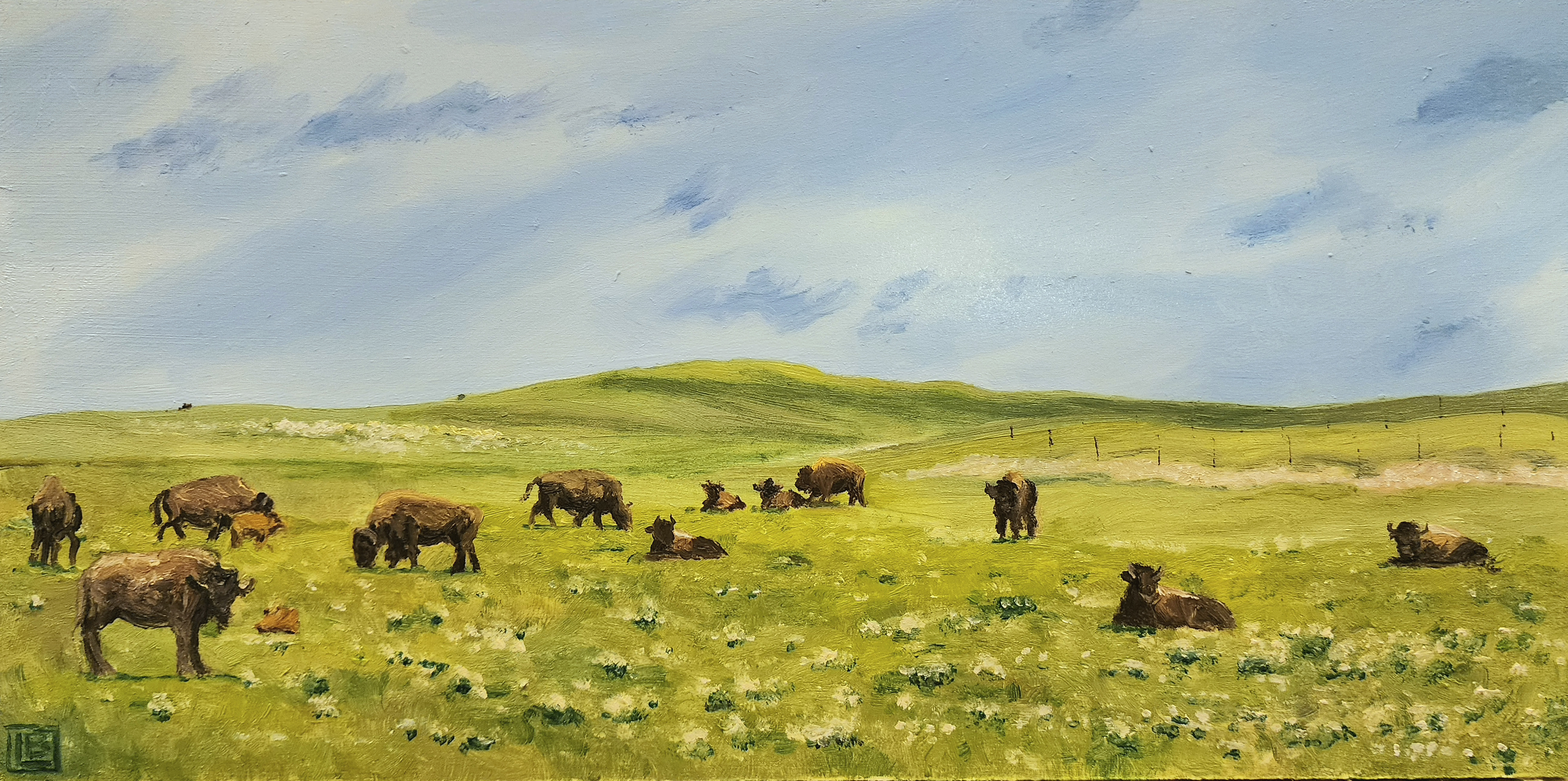 Flint Hills Bison, 5"x11", Oil on Panel, April 2024