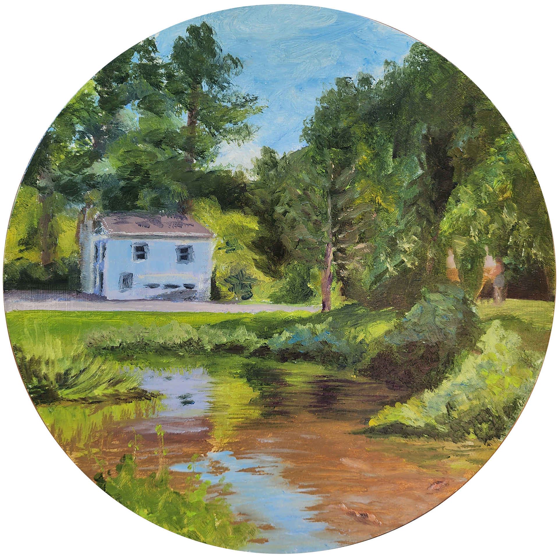 Artists at the Koi Pond, 8" diameter, Oil on Panel, July 2022