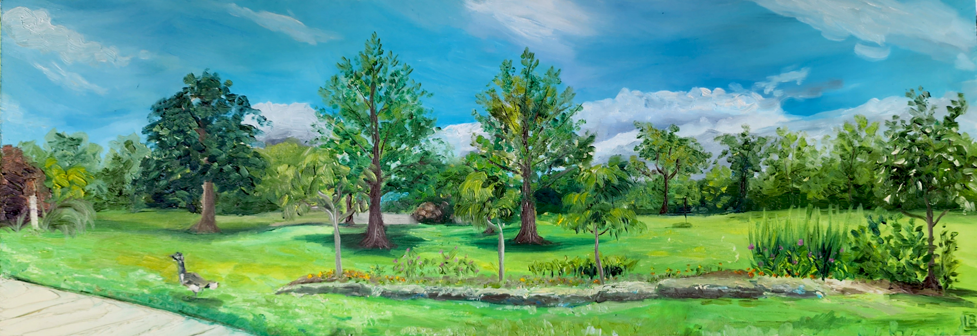 Arboretum With Goose, 23.5"x8.5", Oil on Panel, June 2023