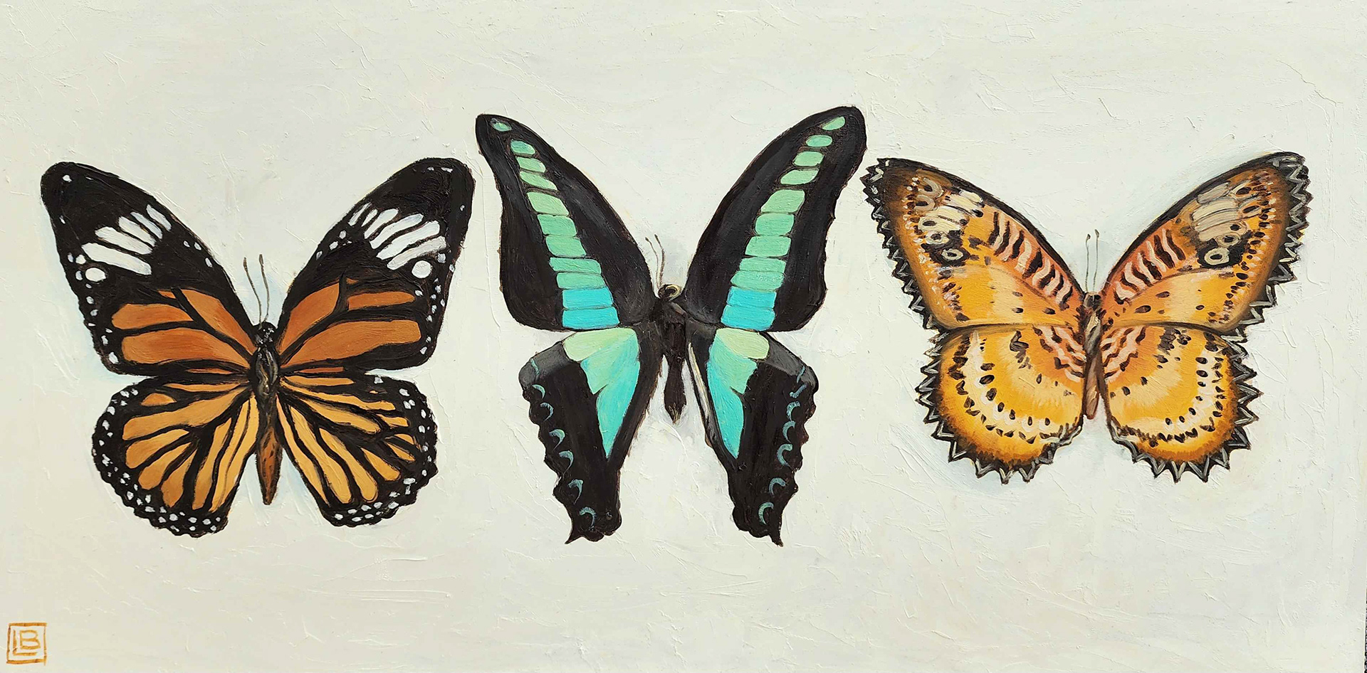 Butterflies (Tiger, Blue Bottle, Lacewing), 12"x24", Oil on Panel, September 2024
