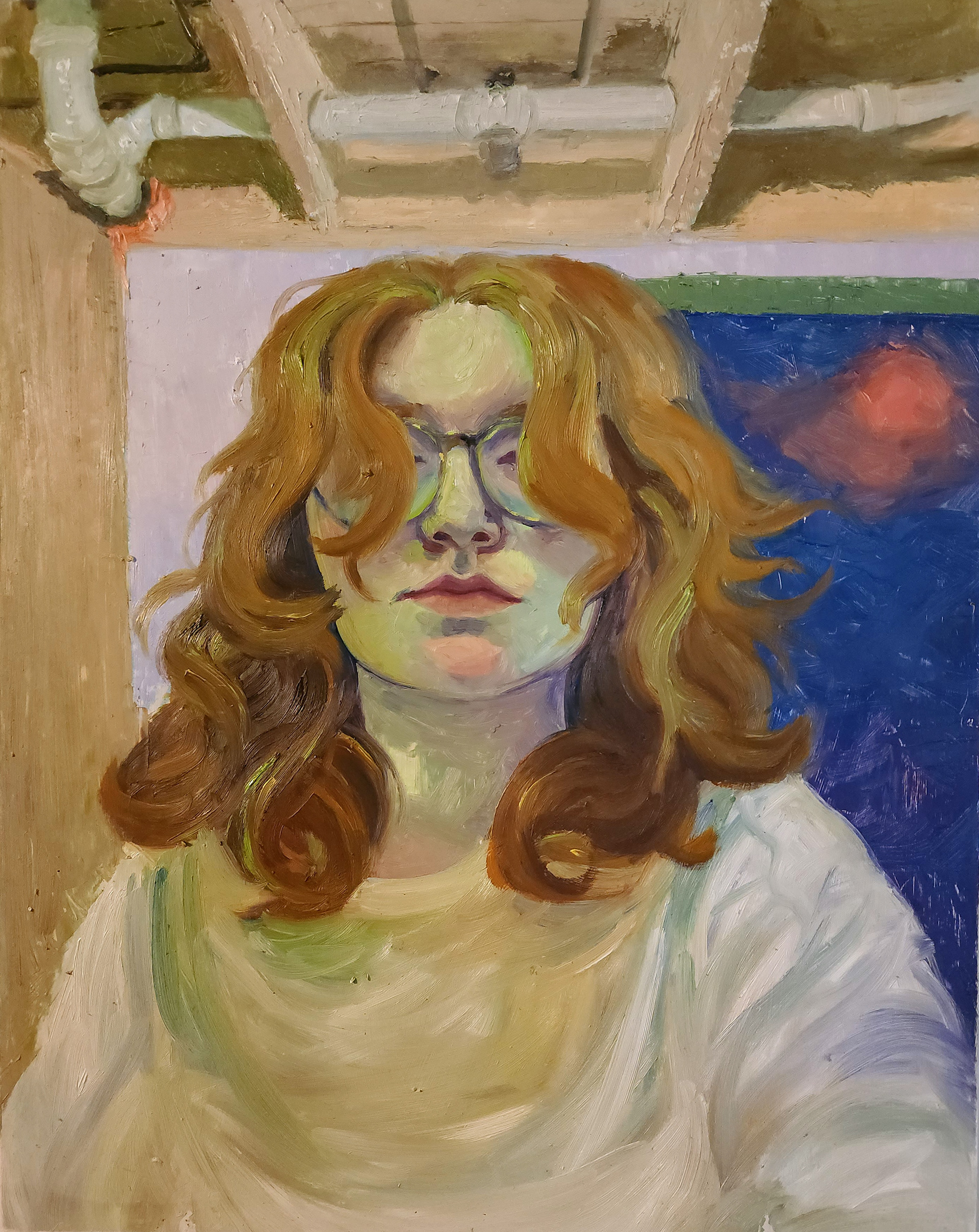 Self Portrait in 411 Bathroom, 20"x16", Oil on Panel, July 2022