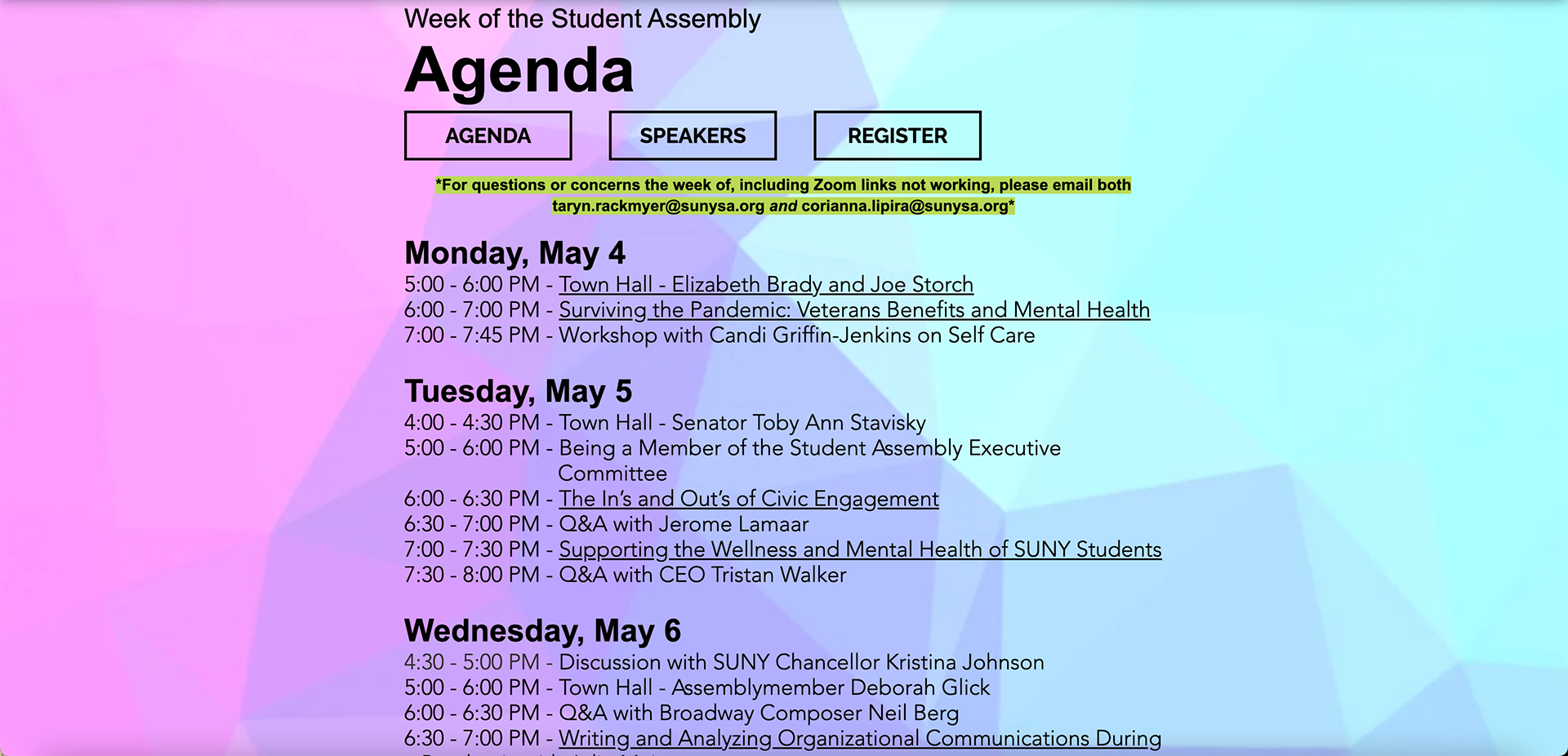SUNY SA virtual event agenda page