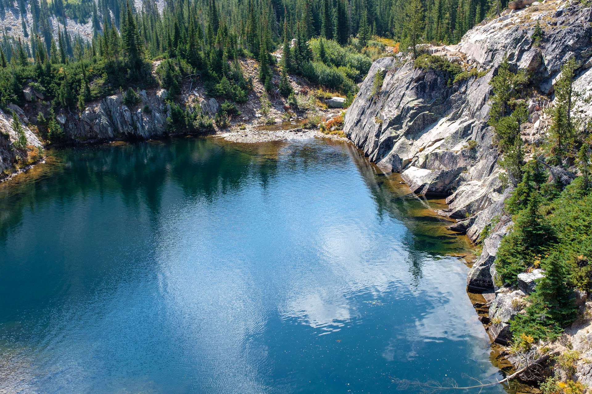A beautiful view of Edith Lake as we hiked to the tributary shown in the upper center of this picture.