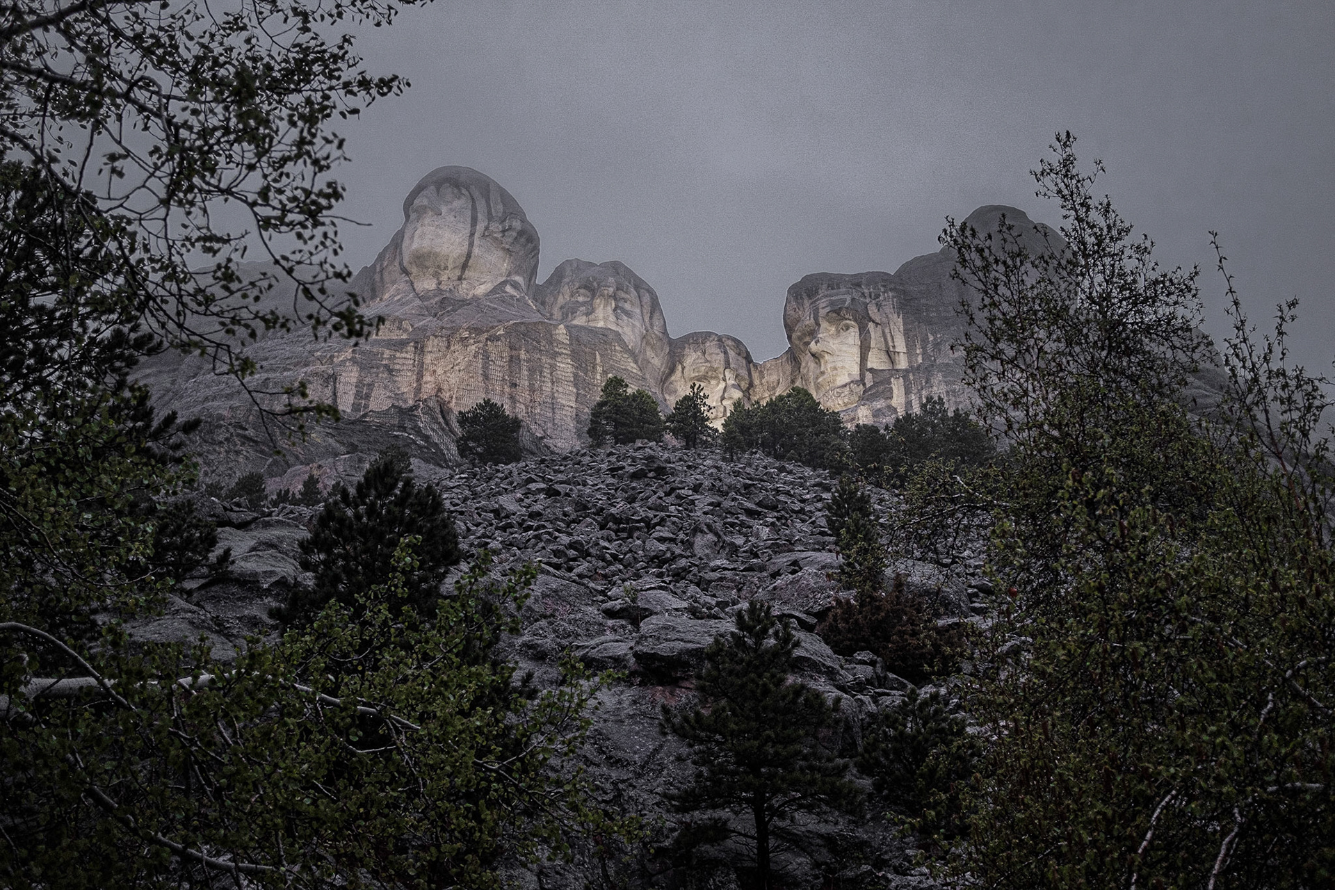 Rushmore in the Fog After Dark
