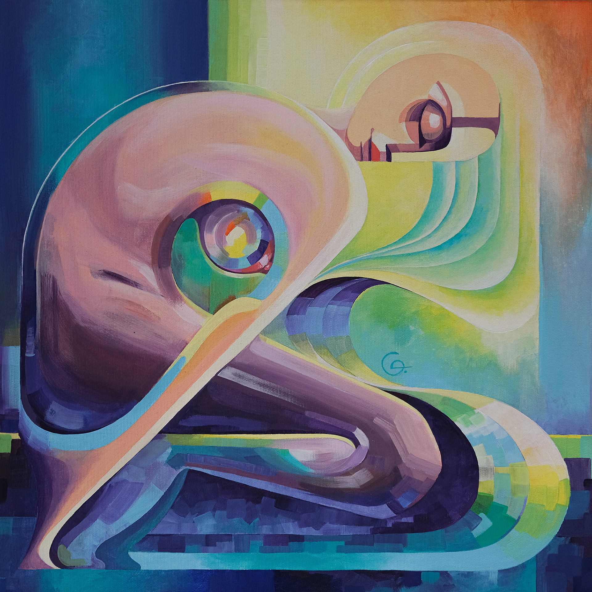 Абстрактна живописна композиція з жіночою фігурою, побудована на поєднанні геометричних форм і стриманої кольорової гами, що символізує внутрішню стійкість, трансформацію та здатність людини адаптуватися.