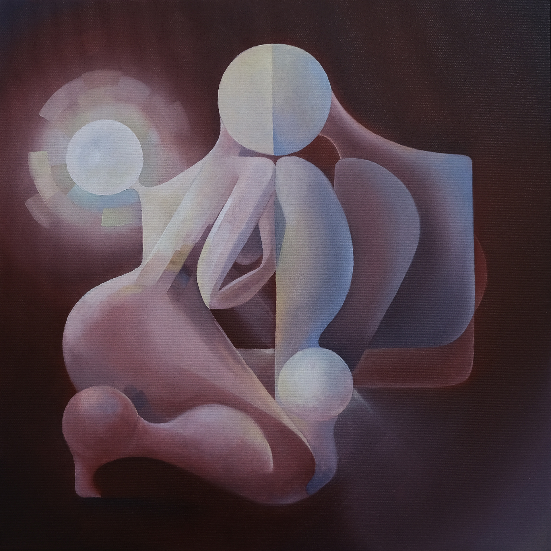 Абстрактна живописна композиція з геометричними формами та фігуративними елементами, побудована на взаємодії кіл і трикутників. Робота символізує вплив повного Місяця, циклічність, дуальність і взаємозв’язок жіночих і чоловічих енергій у космічному просторі.