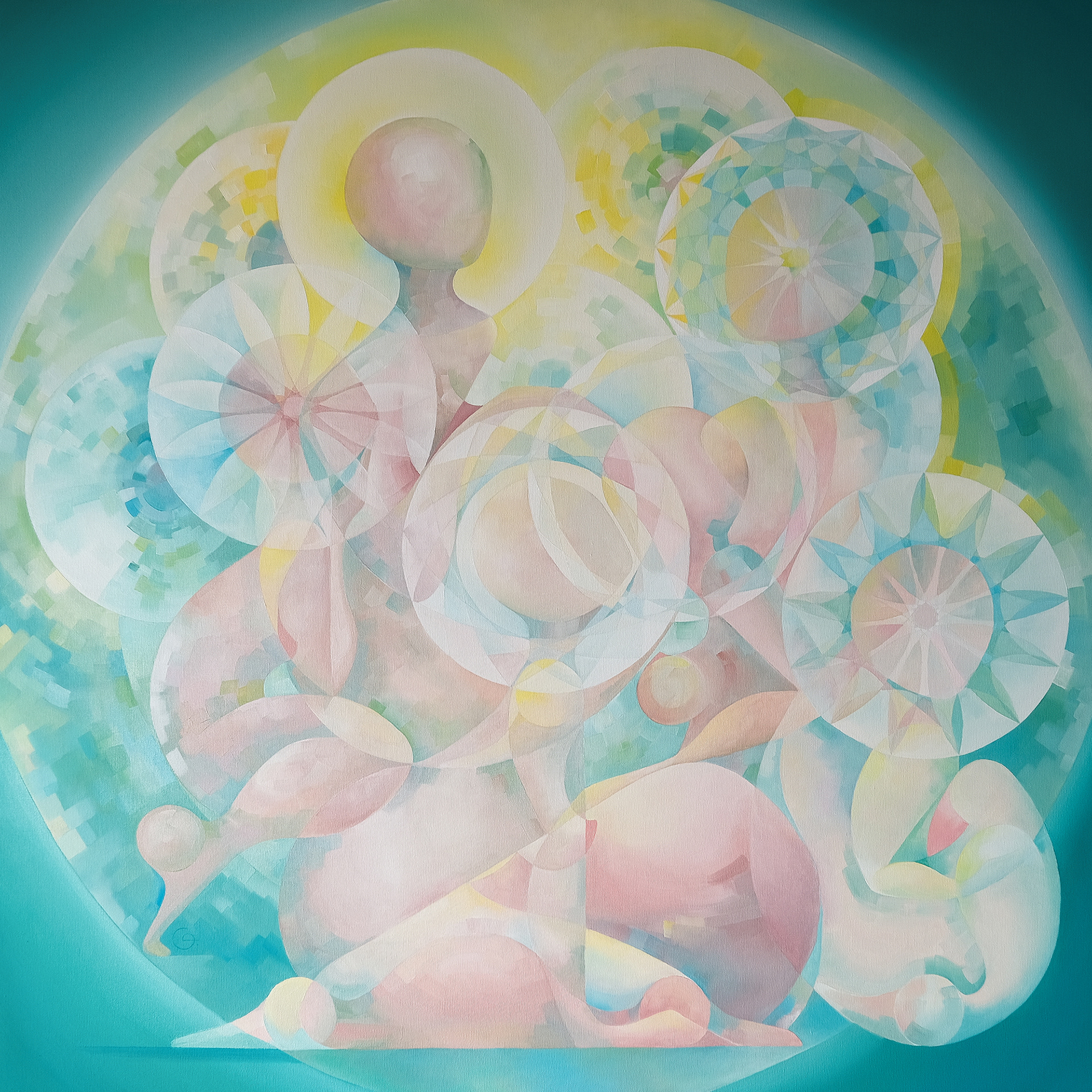 ‘Youth’ — symbolic geometric painting with figures surrounded by dandelion-inspired halos divided into 8 and 13 parts, representing the fragility, playfulness, and fleeting cosmic harmony of youth.