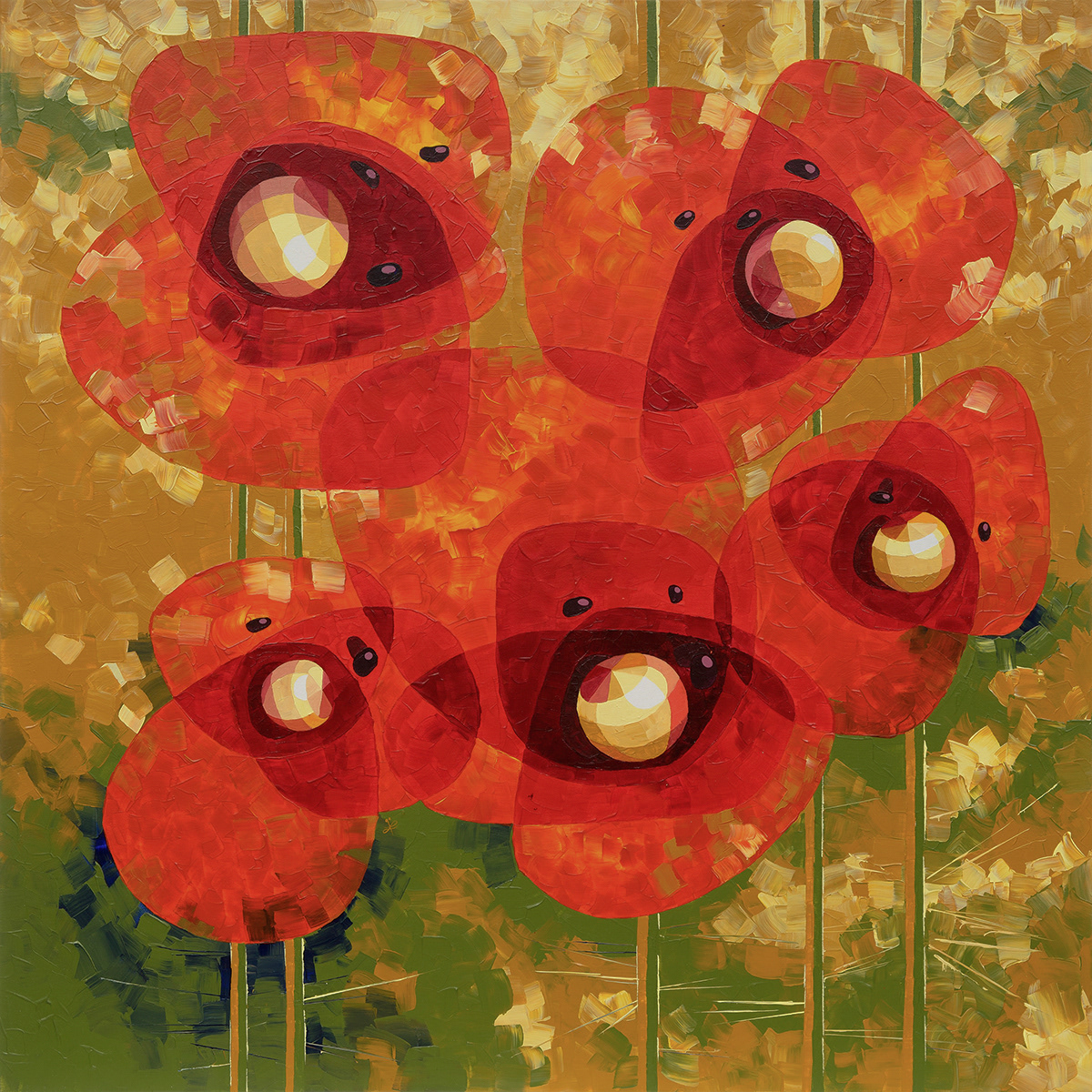 A minimalistic depiction of red poppies with delicate translucent petals glowing in sunlight.