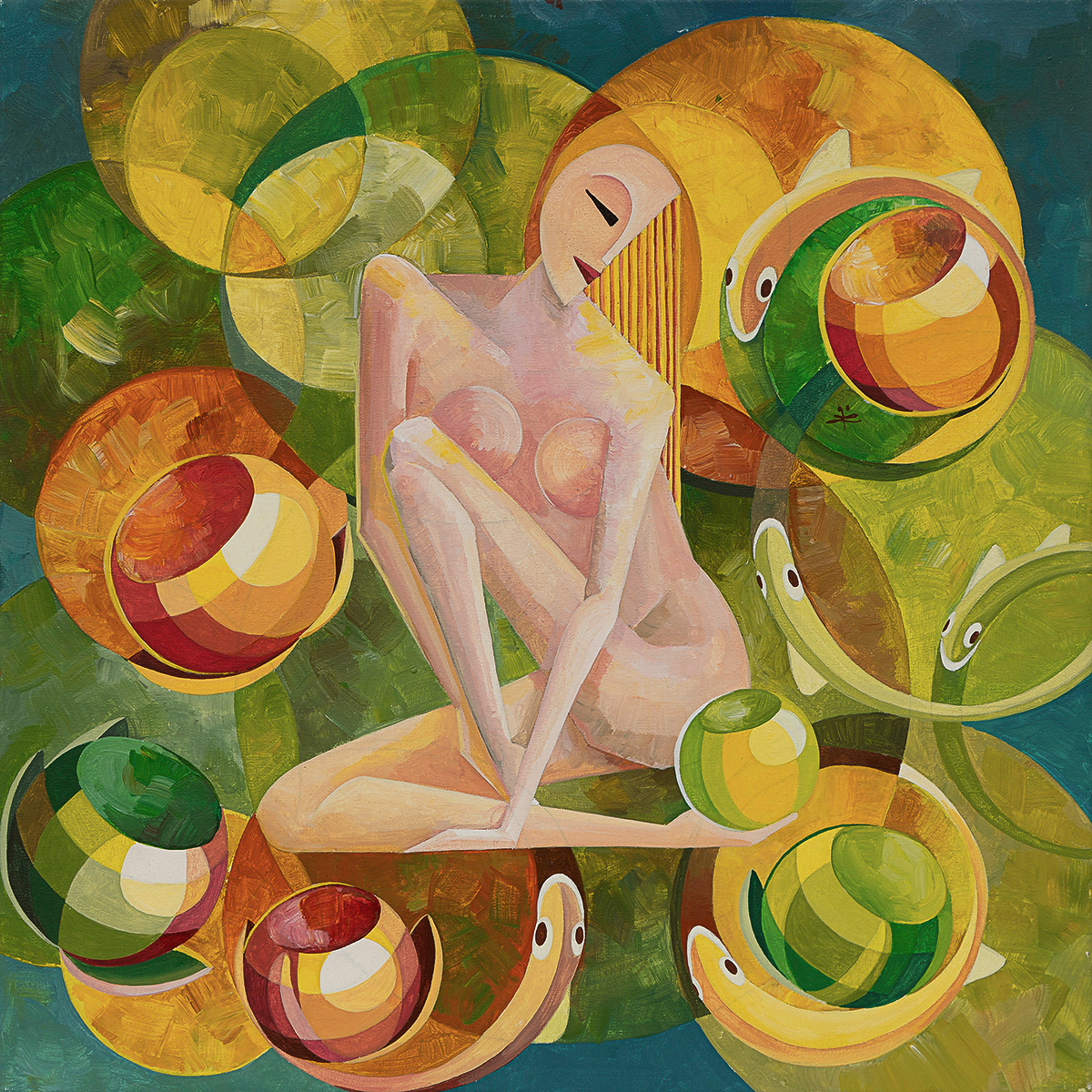 Живописна композиція із зображенням дівчини, зануреної у споглядання, на тлі спокійної водної поверхні з квітами лотоса. Робота символізує внутрішню тишу, гармонію та процес народження творчої ідеї.