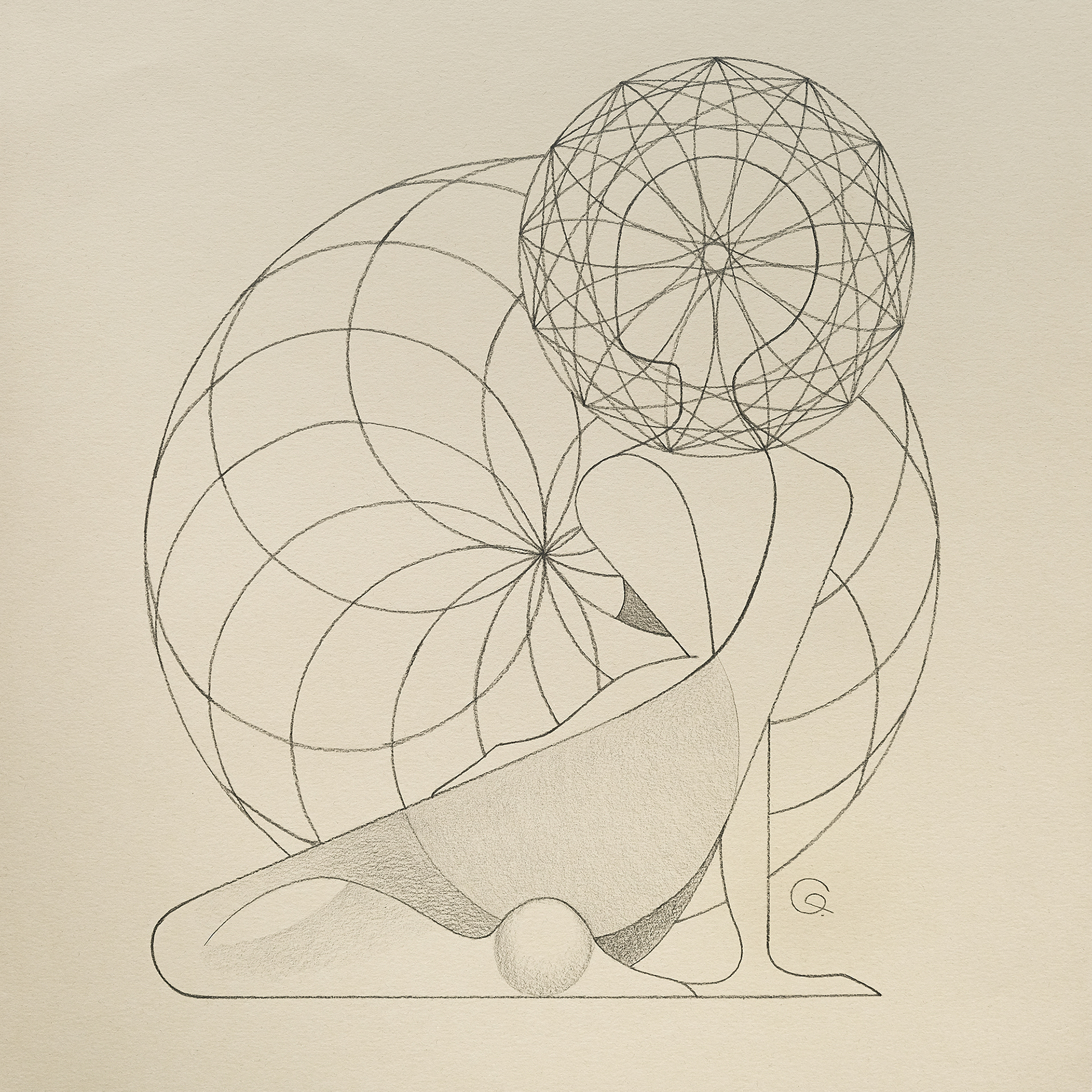 Graphics 22 — minimalist geometric drawing depicting a calm, confident figure who listens and observes, her unique head ornament symbolizing an individual inner universe and harmonious integration within the group.