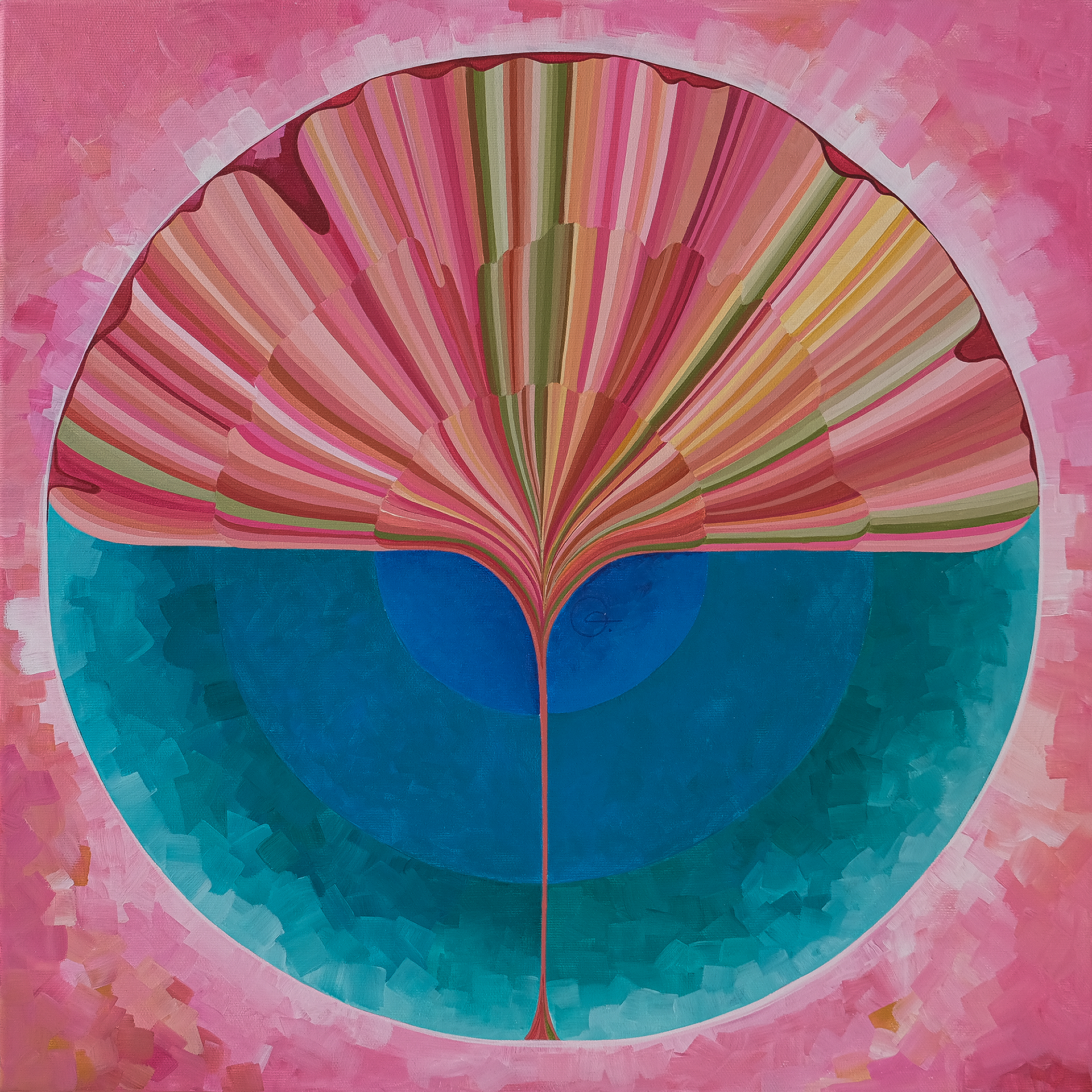 A pink ginkgo leaf set against a calm Adriatic-inspired composition, symbolizing renewal and adaptation.