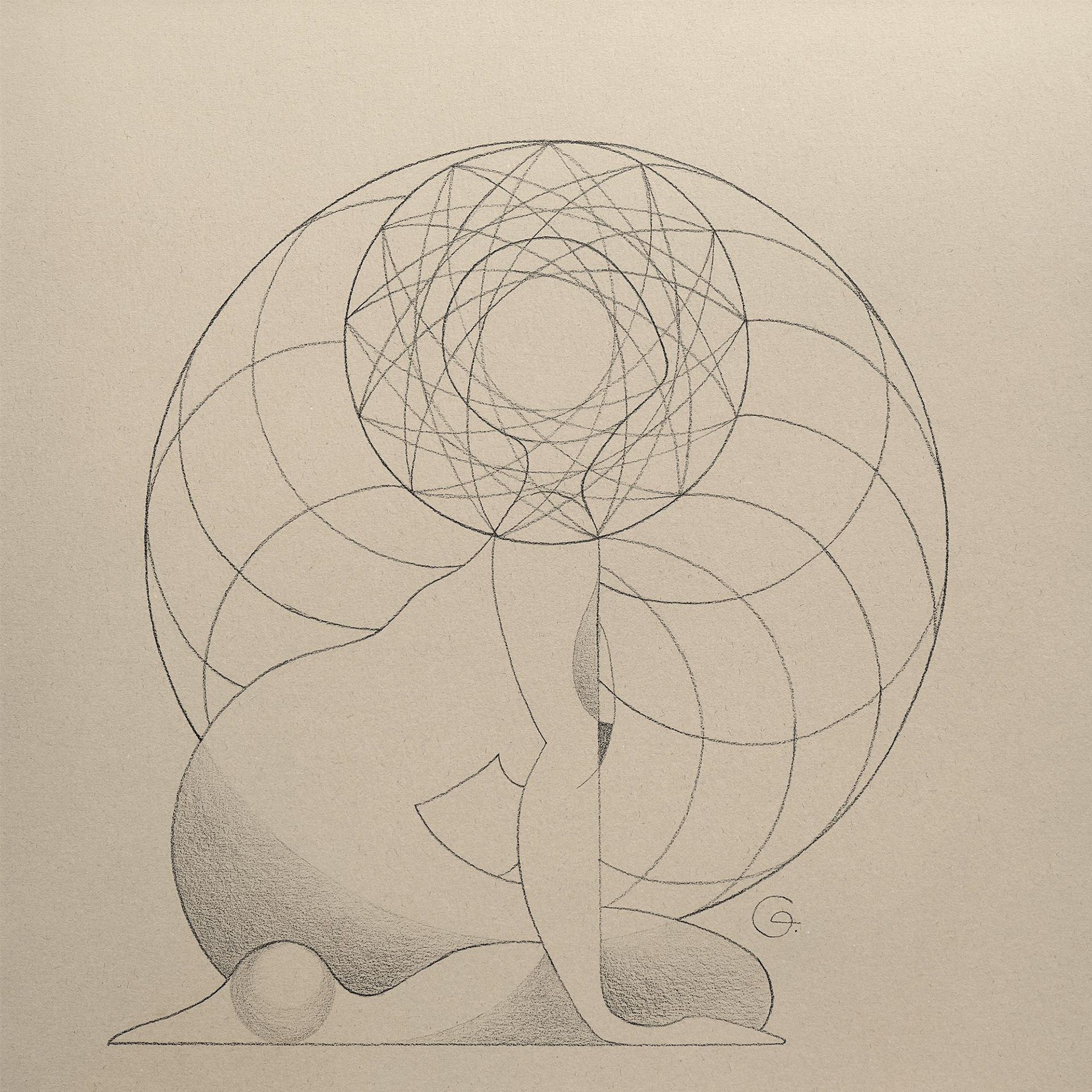 Graphics 20 — minimalist geometric drawing featuring a figure sharing a hidden secret, with a symbolic head ornament representing her unique inner universe, echoing themes later developed in the painting ‘Youth’.