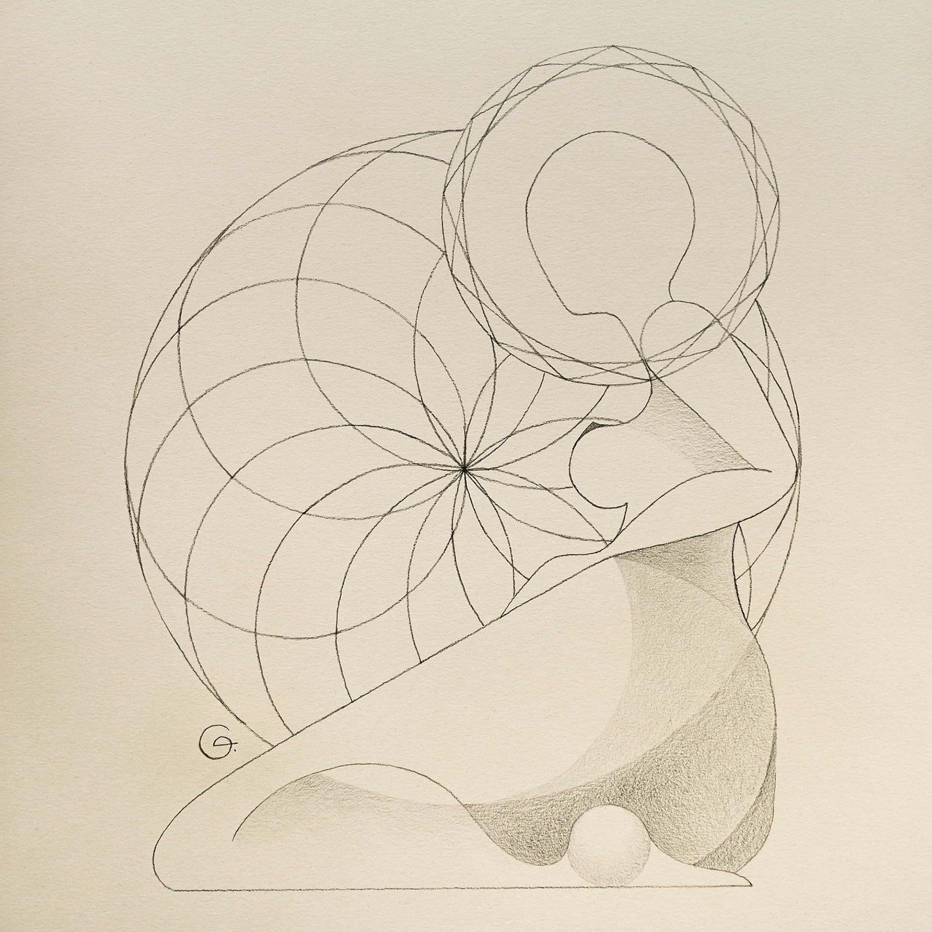 Graphics 19 — minimalist geometric drawing with a figure depicted as an active, attentive listener within a spiral structure, symbolizing quiet presence, curiosity, and the unfolding theme that later appears in the painting ‘Youth’.