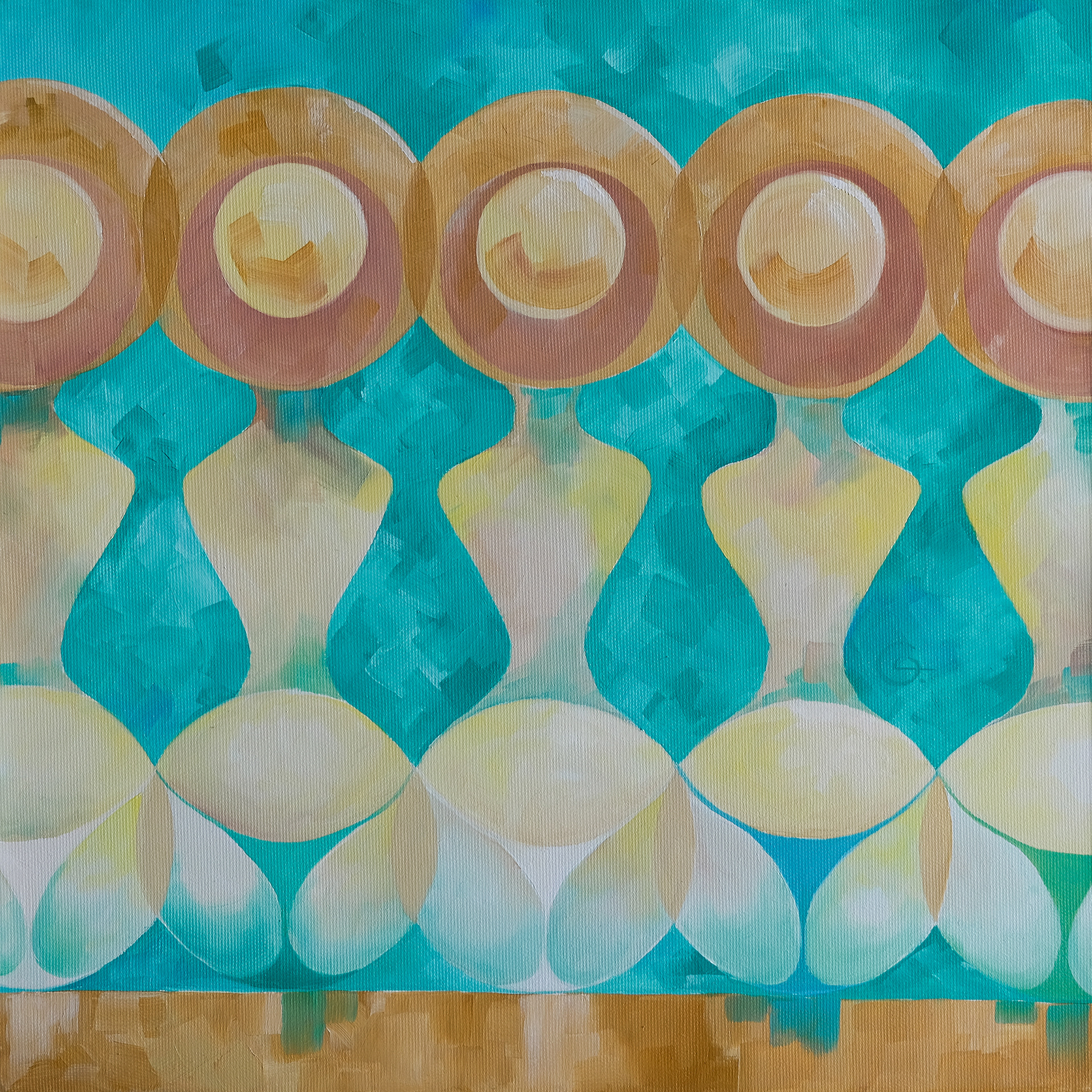 Живописна композиція з орнаментальною геометричною структурою та спрощеними людськими фігурами у бірюзово-зеленій кольоровій гамі з золотистими акцентами, що відсилає до літніх спогадів, моря, спокою та внутрішньої рівноваги.