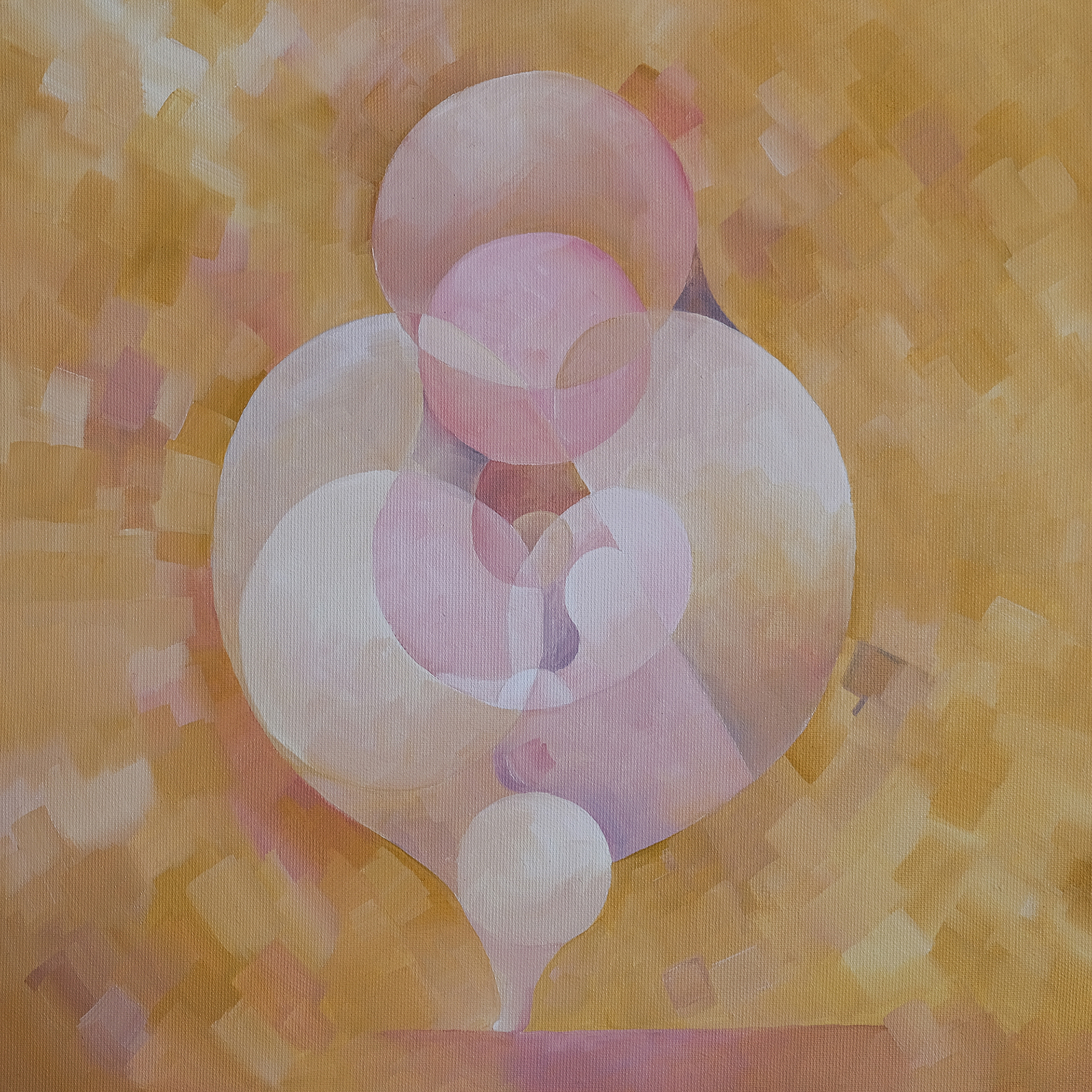 ‘Vessel’ — geometric symbolic painting of a woman holding a child, expressing the fractal nature of life, human–star symbolism, and the quiet miracle of new birth rooted in love.