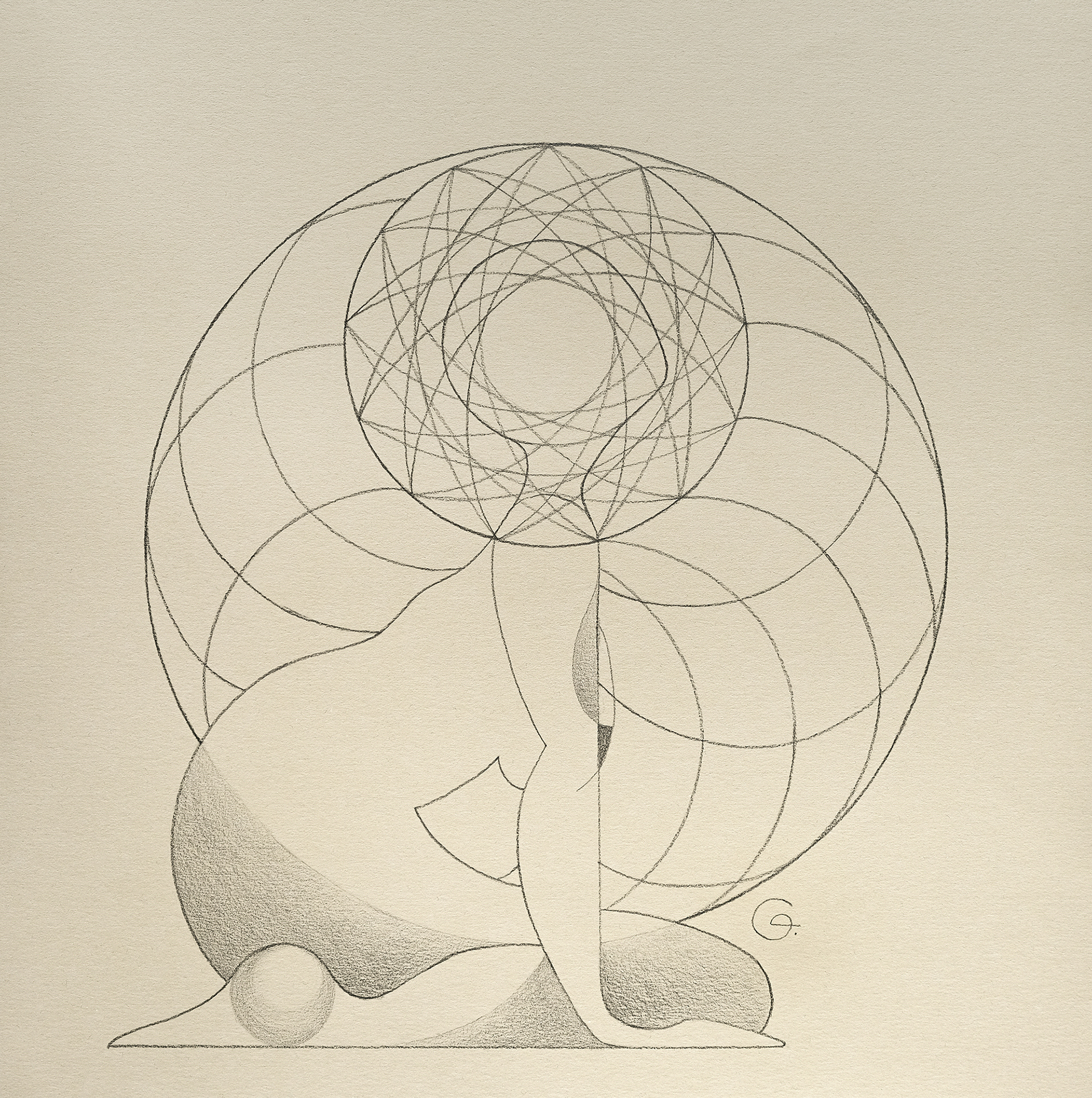 Graphics 20 — minimalist geometric drawing featuring a figure sharing a hidden secret, with a symbolic head ornament representing her unique inner universe, echoing themes later developed in the painting ‘Youth’.