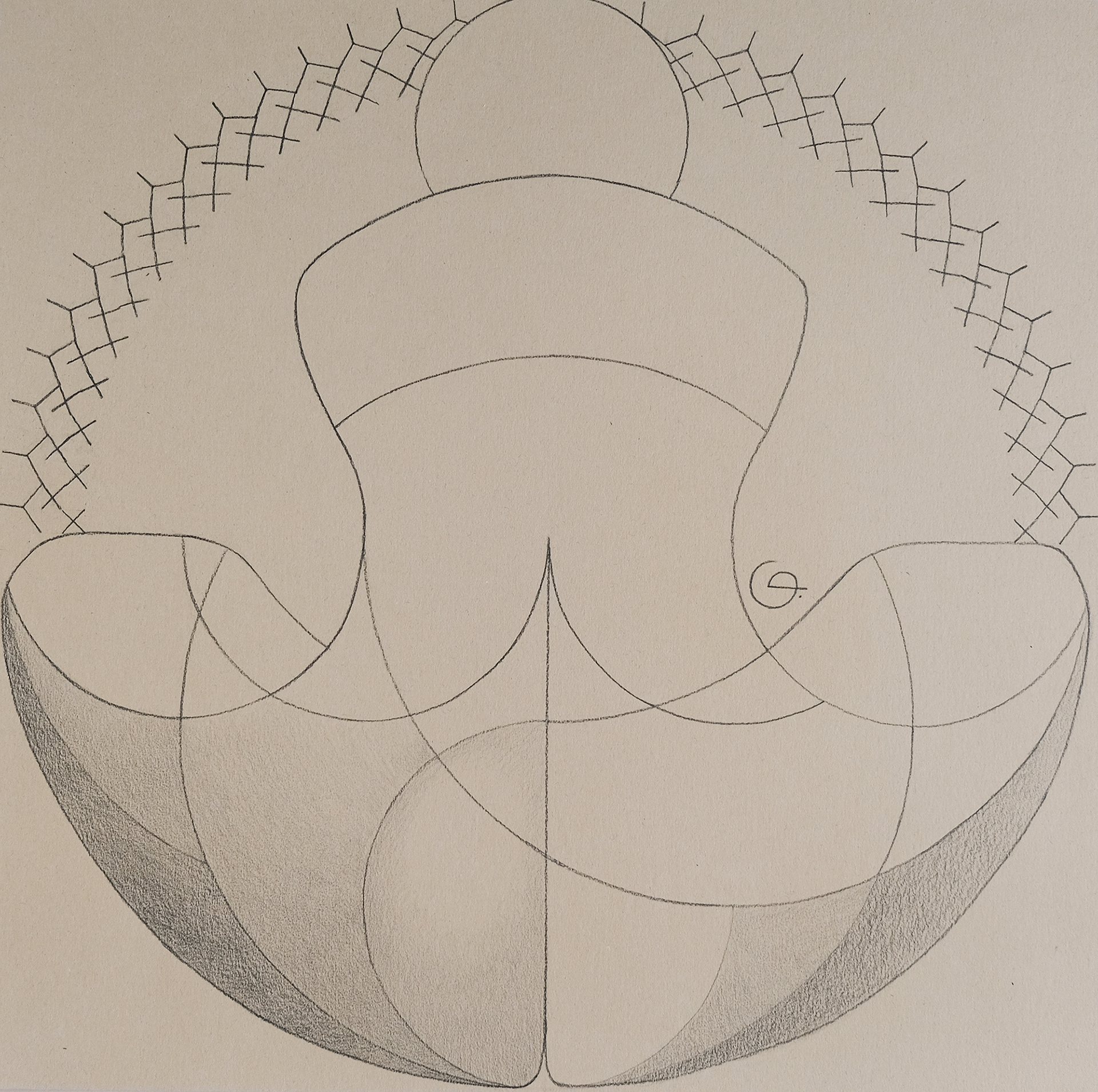 Graphics 18 ‘Sunrise by the Sea’ — symbolic minimalist drawing with a circular sun, anchor of Mariupol, Ukrainian embroidery–inspired rays with tetrahedrons, and a meditative female figure representing resilience, heritage, and quiet reflection.