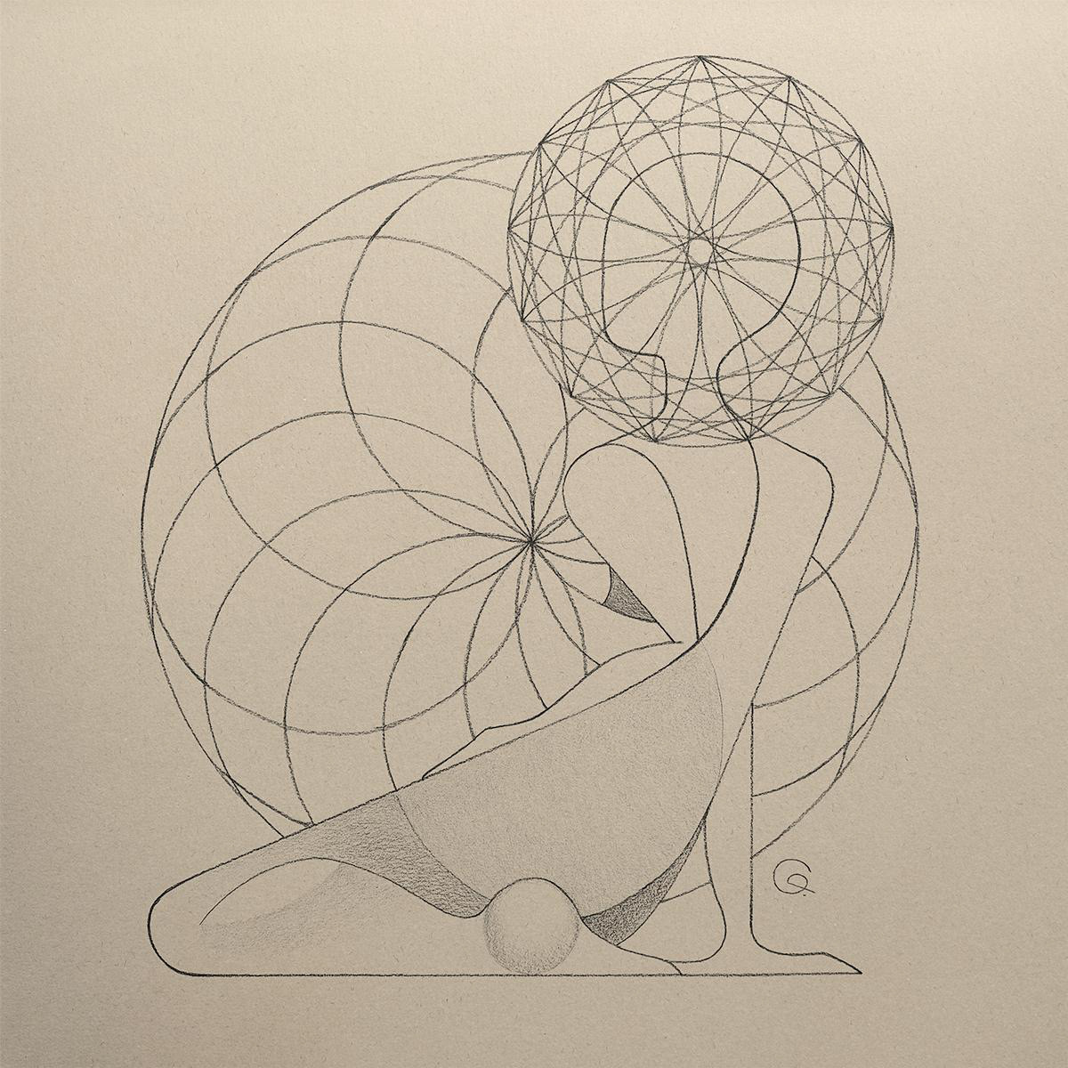 Graphics 22 — minimalist geometric drawing depicting a calm, confident figure who listens and observes, her unique head ornament symbolizing an individual inner universe and harmonious integration within the group.