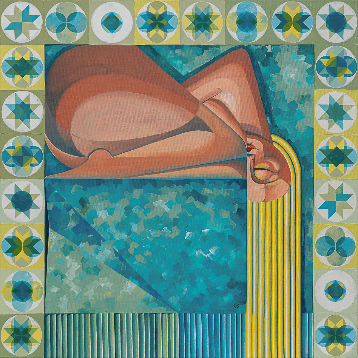 Фігуративно-символічна композиція з використанням слов’янського орнаменту як рамки. Робота досліджує культурну спадщину, внутрішні межі та процес усвідомлення особистої свободи.