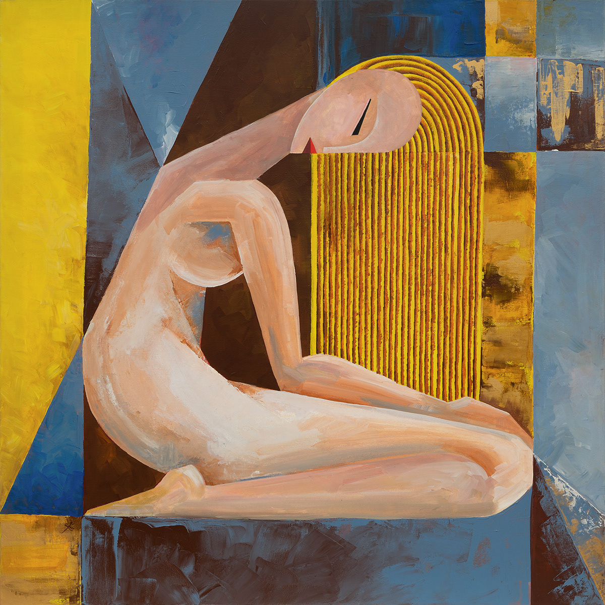 Живописна композиція з фігуративними елементами та м’якими геометричними формами, що символізує довіру, внутрішню гармонію та первинний зв’язок людини зі світом. Робота передає стан спокою, захищеності й емоційної відкритості.