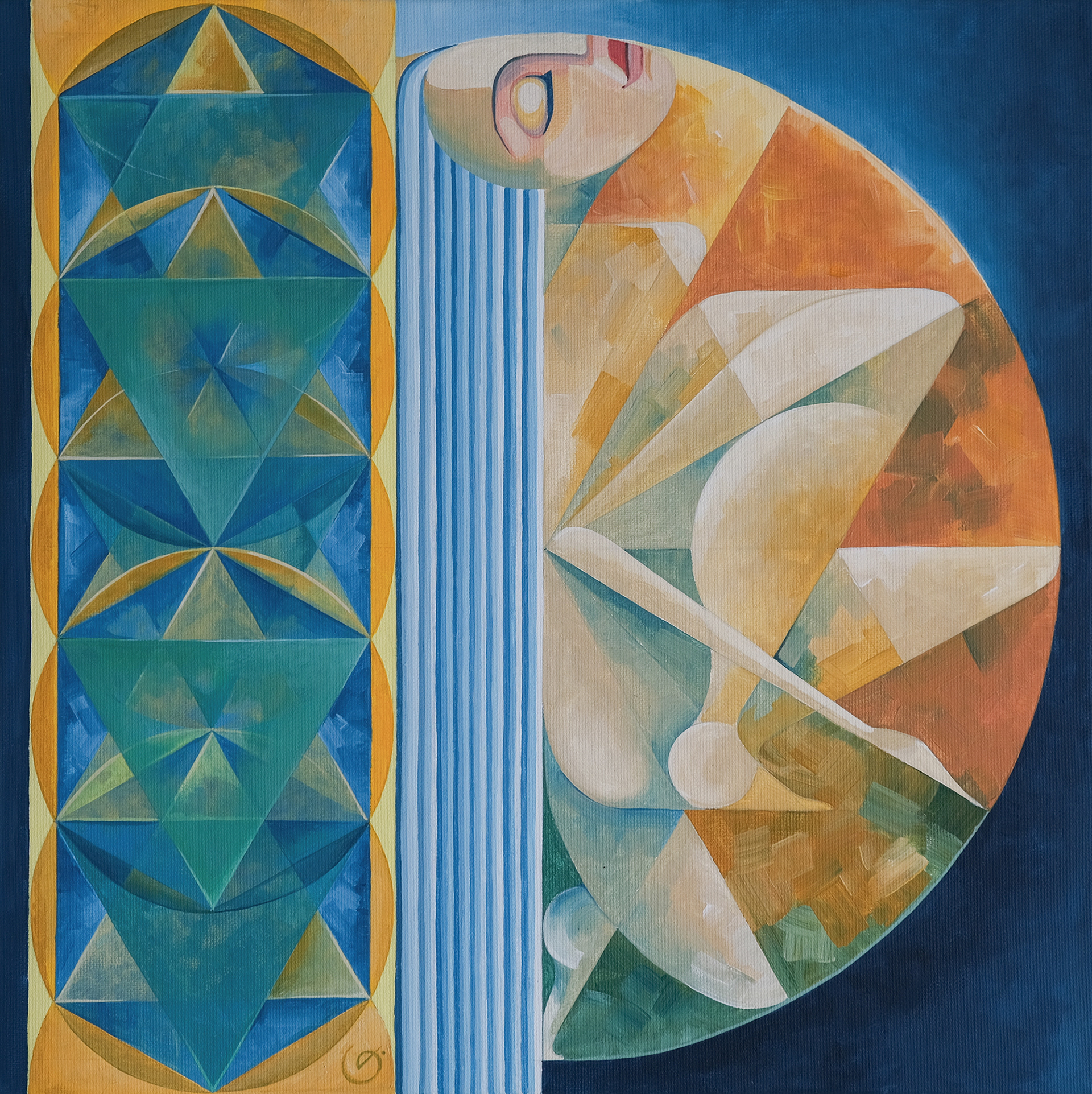 ‘Ornament — Time’ — geometric painting with a female figure aligned to clock-face angles and a translucent kaleidoscopic ornament symbolizing the elusive, uncontrollable nature of Time.