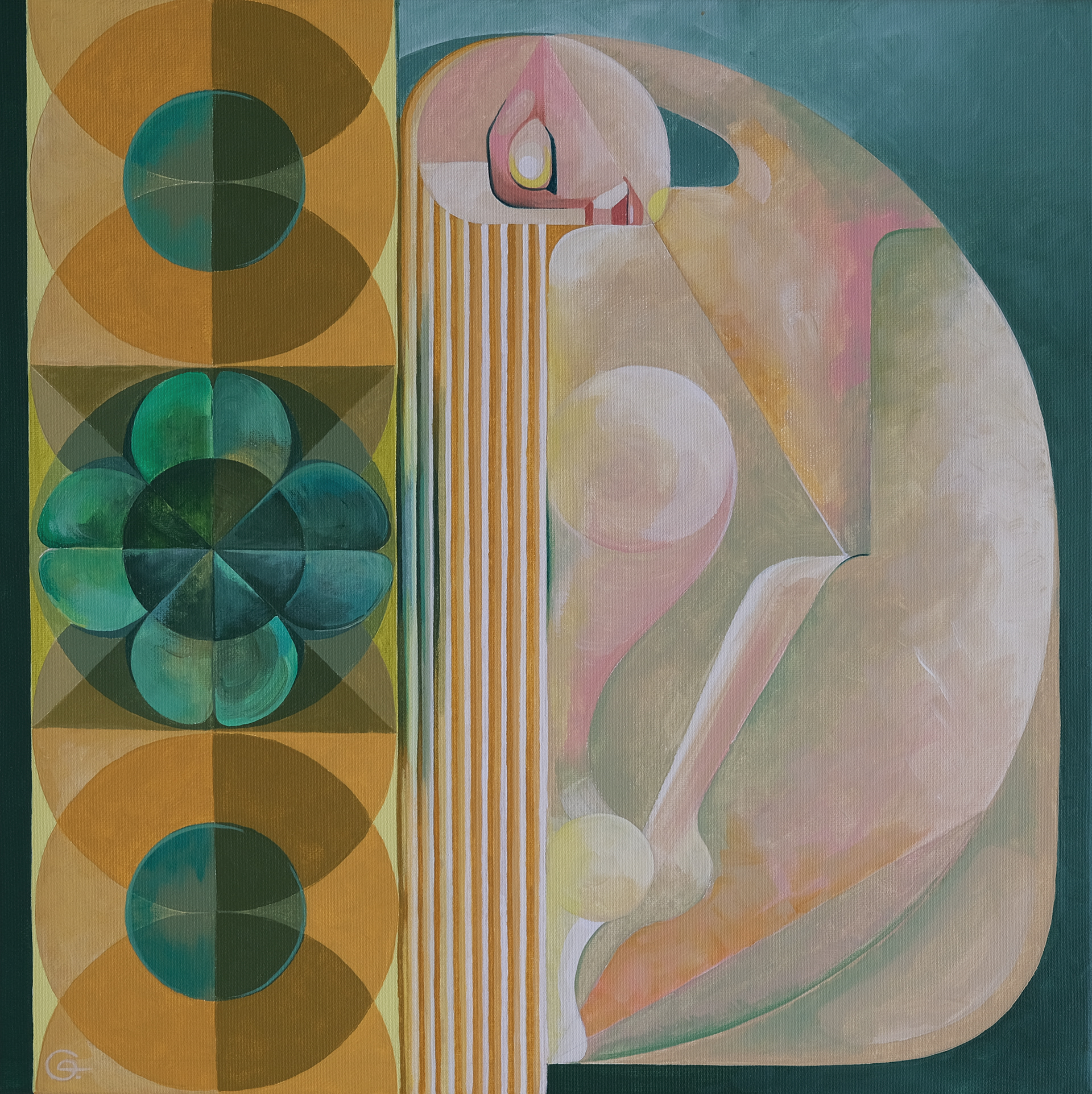 Живописна композиція з поєднанням фігуративних форм і геометричних ліній, виконана в зелених, рожевих і земляних тонах. Робота символізує гармонію, внутрішній баланс і стан тихої удачі, що виникає з резонансу та м’якості форм.
