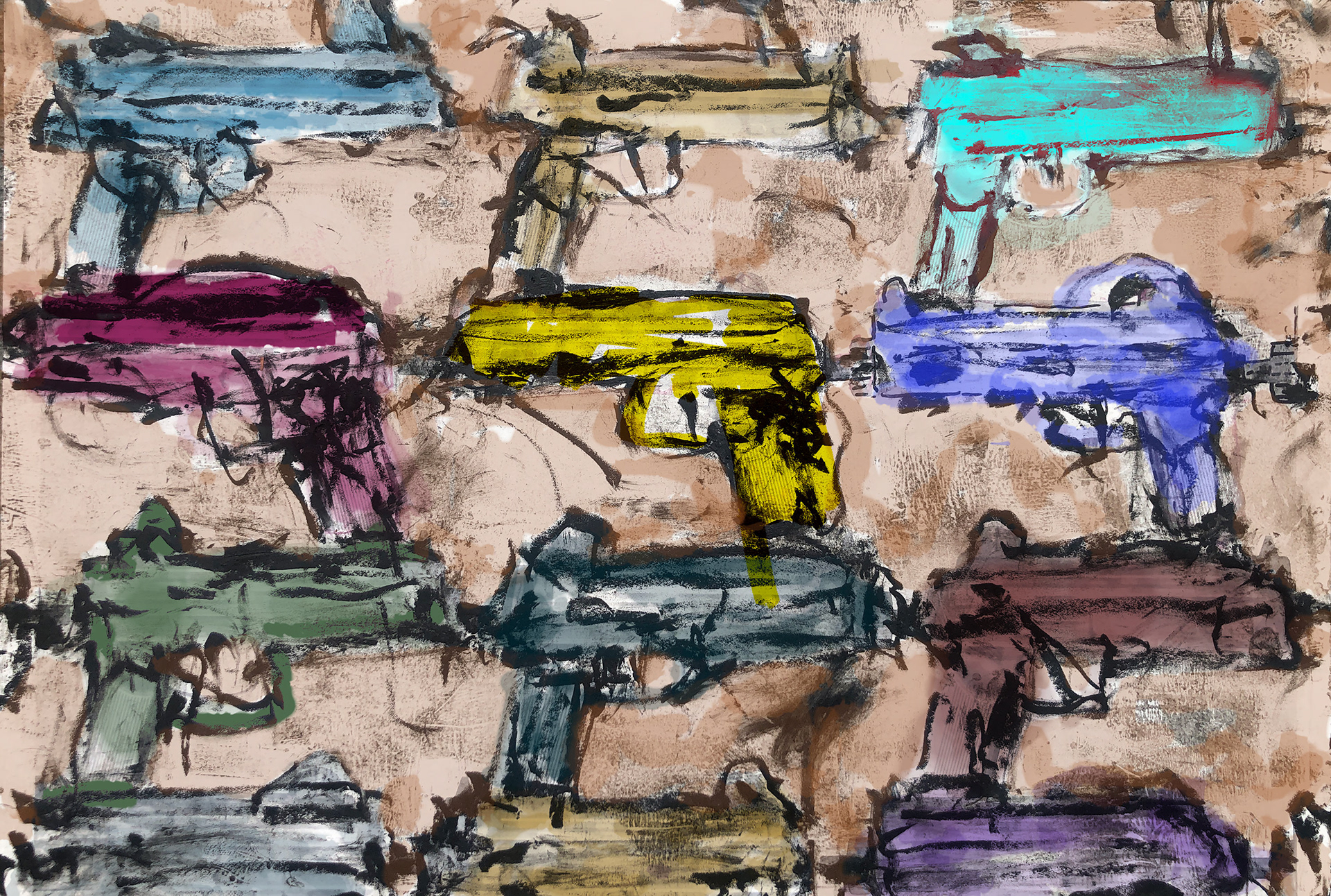 Join the club, numbered print (28"x36") - Artwork revealing the pervasive influence of guns in everyday life.
